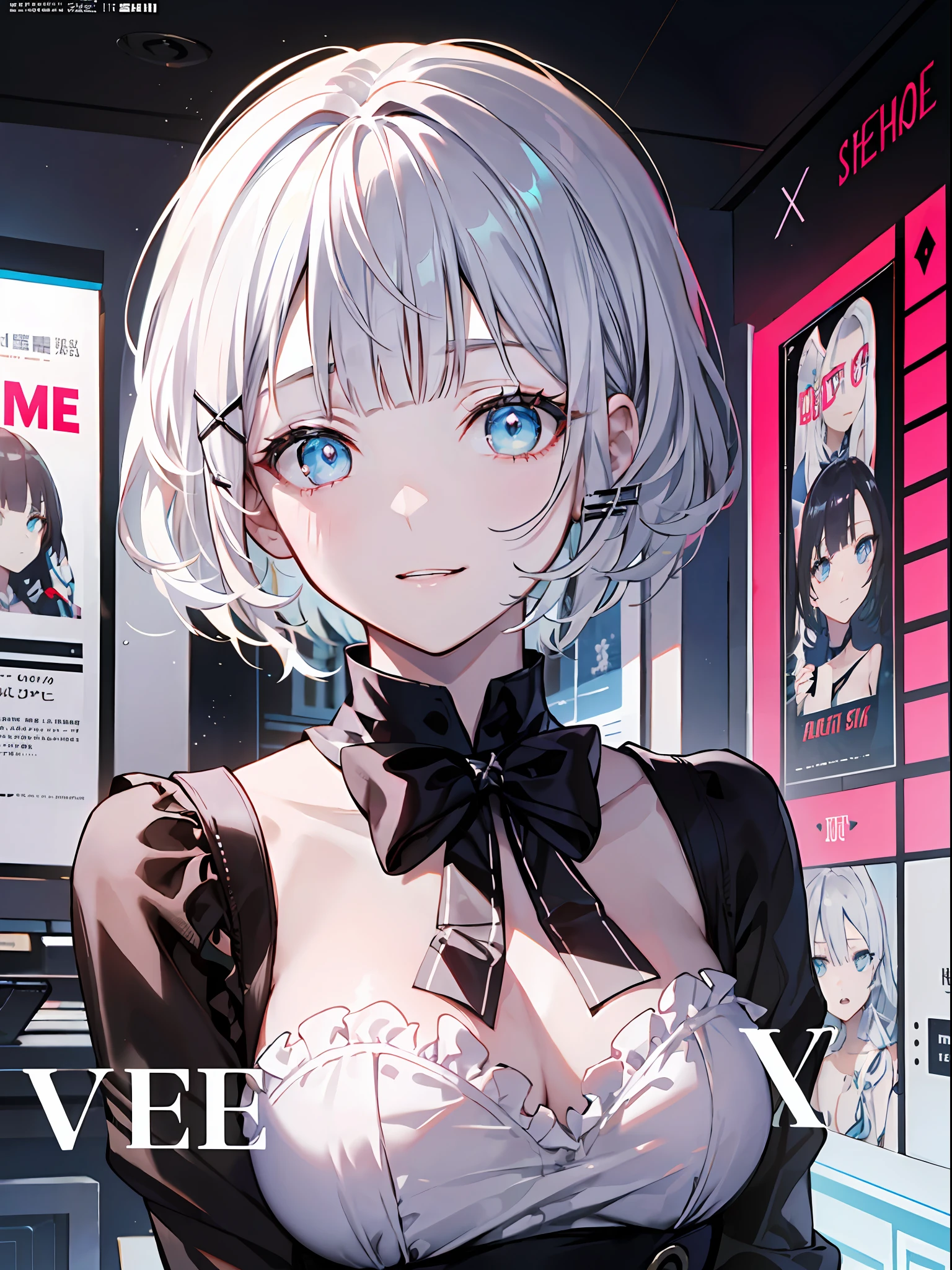 detectivesiesta, Smile, Short hair, Bangs, Blue eyes, Shirt, Hair Ornament, Long sleeves, Dress, Bow, White hair, hair clips, Blunt bangs, bowtie, Red bow, X Hair Ornament, red bowtie, siesta, (medium breasts⁩:1.2), BREAK looking at viewer, BREAK outside, BREAK (masutepiece:1.2), Best Quality, High resolution, Unity 8k壁纸, (Illustration:0.8), (Beautiful detailed eyes:1.6), extra detailed face, Perfect Lighting, extremely details CG, (Perfect hands, Perfect Anatomy),((((Dramatic)))、(((gritty)))、(((vehement)))Movie poster featuring a young woman as the main character。She stands confidently in the center of the poster.、Wear stylish and edgy outfits、I have a determined look on my face。The background is dark and rough、Makes you feel danger and strength。Text is bold and attention-grabbing、Has a catchy tagline that adds to the overall sense of drama and excitement。The color palette is predominantly bright、There are splashes of bright colors、It gives the poster a dynamic and visually striking look。 (magazine:1.3), (cover-style:1.3), Fashionable, femele, with a vibrant, outfits, the pose, the front, Colorful, Dynamic, Background with, element, I'm confident, expresive, ngel, statement, accessorized, An majestic, coiled, surroundings, Touch, The scene, Texto, covers, It's bold, captures the attention, Titles, Stylish, Font, Catchy, headline, The large, Impressive, moderno, Trendy, lo fashion,shorth hair、Bob Hair、White hair、bright light blue eyes