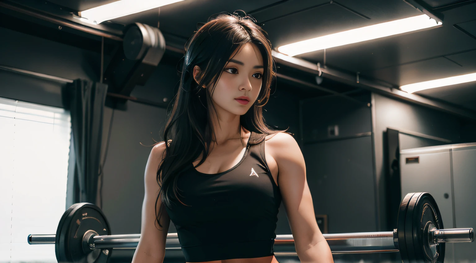 In the spacious and bright gym,Beautiful woman with elegant long hair,Under the sun,The vest lines are clearly visible,perfect bodies,Black tank top and black sports shorts,The pose shows the entire body,Spacious gym and equipment in the background,Create a CG 8k wallpaper-like feel with a sense of detail,A masterpiece of extreme sophistication and beauty,With the best quality and ultra-high resolution,Illuminated with beautiful lights and perfect lightning effects,Lifelike shadows。