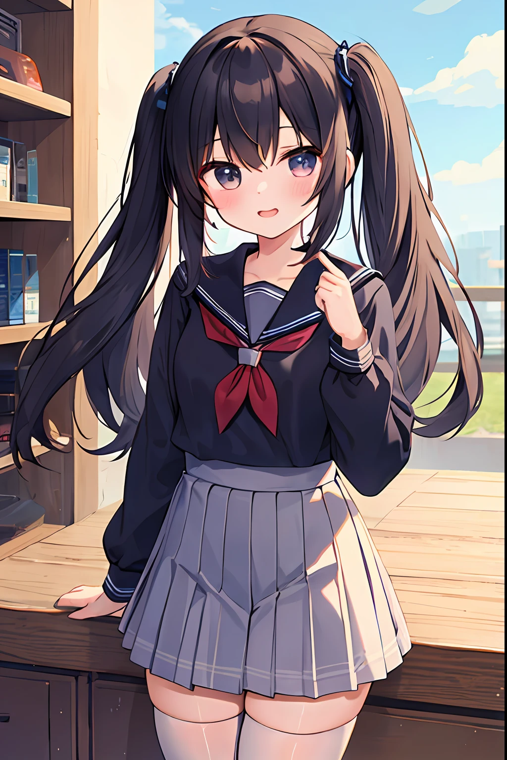 (masterpiece, best quality), cute girl, (kawaii:1.1), girl, school uniform, white thighhighs, twintails, cowboy shot