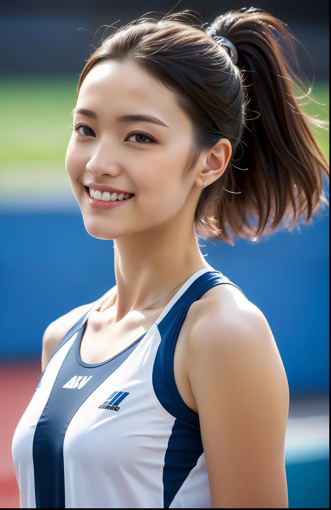 (((full bodyesbian)))、Rear view、japanese beauty girl、((Short-cut hairstyles))、Perfect style、track and field uniform、beauty legs、kawaii、((Track & Field Athletes Women))、(((1人)))、((stadium))、Transcendent cute、A slight smil、Beautiful breasts、full bodyesbian、athletic field、((Outstanding style))、((Healthy body))、 Photorealsitic、Beautiful detailed eyes、Hyper-Realism、highcontrast、Ultra HD、realistic skin textures、Top image quality、top-quality、超A high resolution、Fine details、Very meticulously