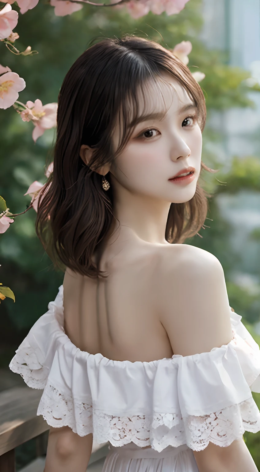 Fashion trendy beautiful and charming woman、gentle and charming Chinese beautiful woman、Korea person(Kpop Idol)、Delicate and sexy collarbone、charming oval face、二重まぶた、smart[peaches]blossom eyes、Pink lips、a small nose、bare shoulders​、Focus on the face、facial close-up、The ultra -The high-definition、ultra-detailliert、((loose))、White off-the-shoulder shirt、White High Slit Mini Skirt(chest cut out)。((brack)Lace pantie), Fresh and impressive, natural(medium breasts⁩:1.25), (NSFW:1.2)