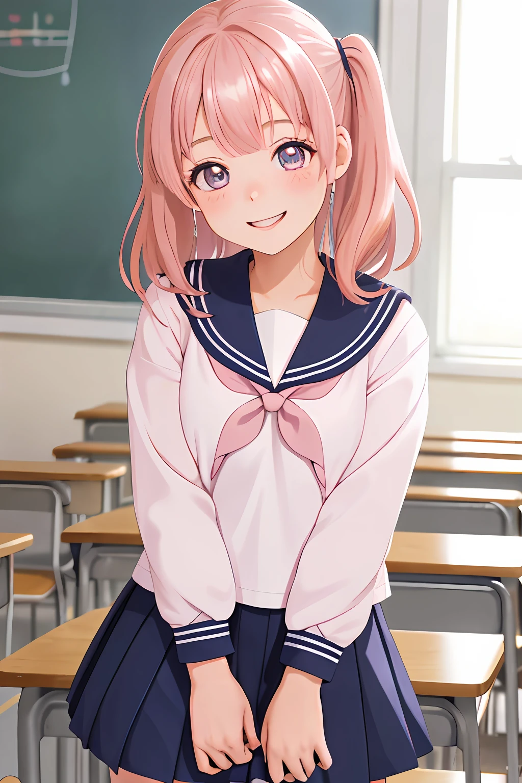 1girl, cute, , smiling, look at viewer, sailor uniform, seifuku, pink hair, best quality, hires, detailed face, classroom, detailed background, diffused lighting, depth of field, bokeh