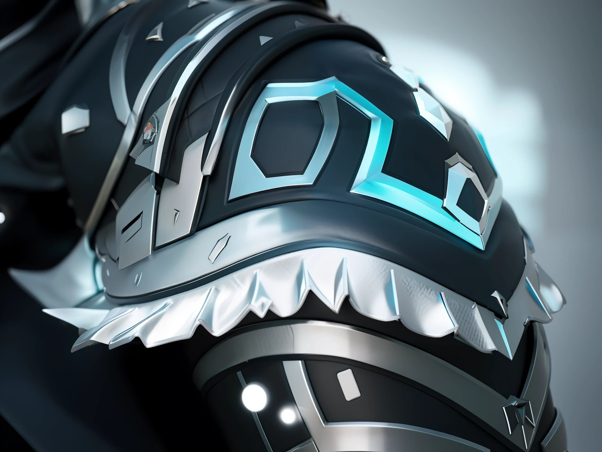 It has a close-up of shoulder armor in a blue and black design,Cold nails,The armor of the Frost Goddess, Close-up of metal armored shoulders,Cold nails,Close-up of shoulder armor and arm armor,Silvery-white frost on background,The interface of the shoulder armor and the arm part has furry silk products, Exquisite armor details, photogenic details on armor