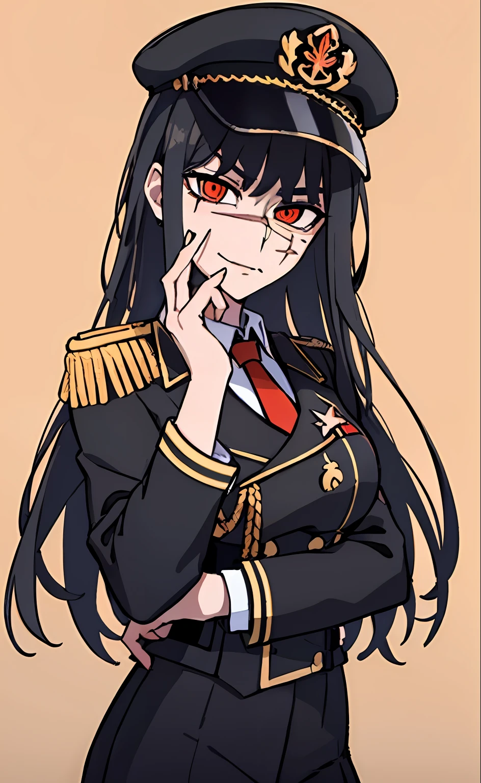 (masterpiece, best quality: 1.2), Solo, 1girl, Yoru \(Chainsaw Man\), looking at the viewer, different poses, red eye, long hair, completely black hair, reference to clothing of a German WWII general, black long sleeves (best quality), scar on face, beautiful eyes, has only 2 arms, has war medals on his clothes, Black Military Cap, Golden Eagle Medal on Clothing,  (Wallpaper), (8K HD), (8K HD), Golden Shoulder Pads, Sprites, 1 Single Design (masterpiece, best quality: 1.2), Solo, 1girl, Yoru \(Chainsaw Man\), looking at the viewer, smile, happy, different poses, red eye, long hair, completely black hair, reference to clothing of a German WWII general, black long sleeves (best quality), scar on face,  beautiful eyes, has only 2 arms, has war medals on his clothes, black military cap, golden eagle medal on clothing, (wallpaper), (8K HD), (8K HD), (8K HD), golden shoulder pads, sprites, 1 single design