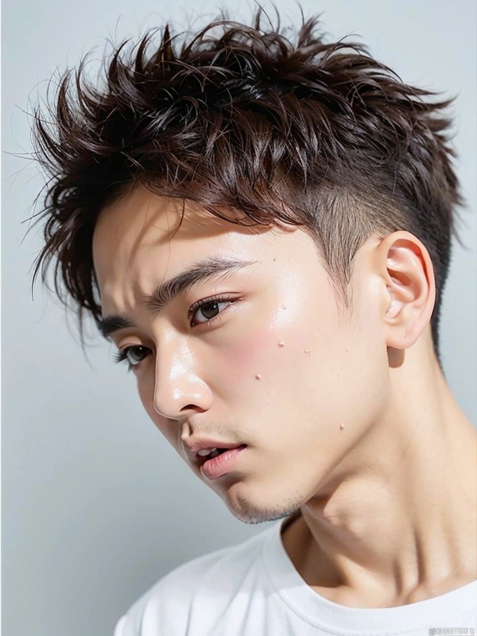 Focus on the ears、Japan man in white shirt, thin beard、male people、ember、Men with short hairstyles, white  shirt、1 male,, (((Bokeh))),depth of fields, Cool Face, , ​masterpiece, portlate, Shunguang、Strong sunshine、suns、, ((8K 、RAW Photos、top-quality、​masterpiece)、High Detail RAW Color Photo Professional Photo、(realisitic、Photorealism:1.37)、(top-quality)、超A high resolution、Fusion of 8K and HDTV CG、physically-based renderingt、top-quality、​masterpiece、ighly detailed、hight resolution、At 8K、超A high resolution、detailed shadow、A hyper-realistic、realisitic、Midday sunshine、male people、独奏、A detailed face、realisticeyes、real looking skin