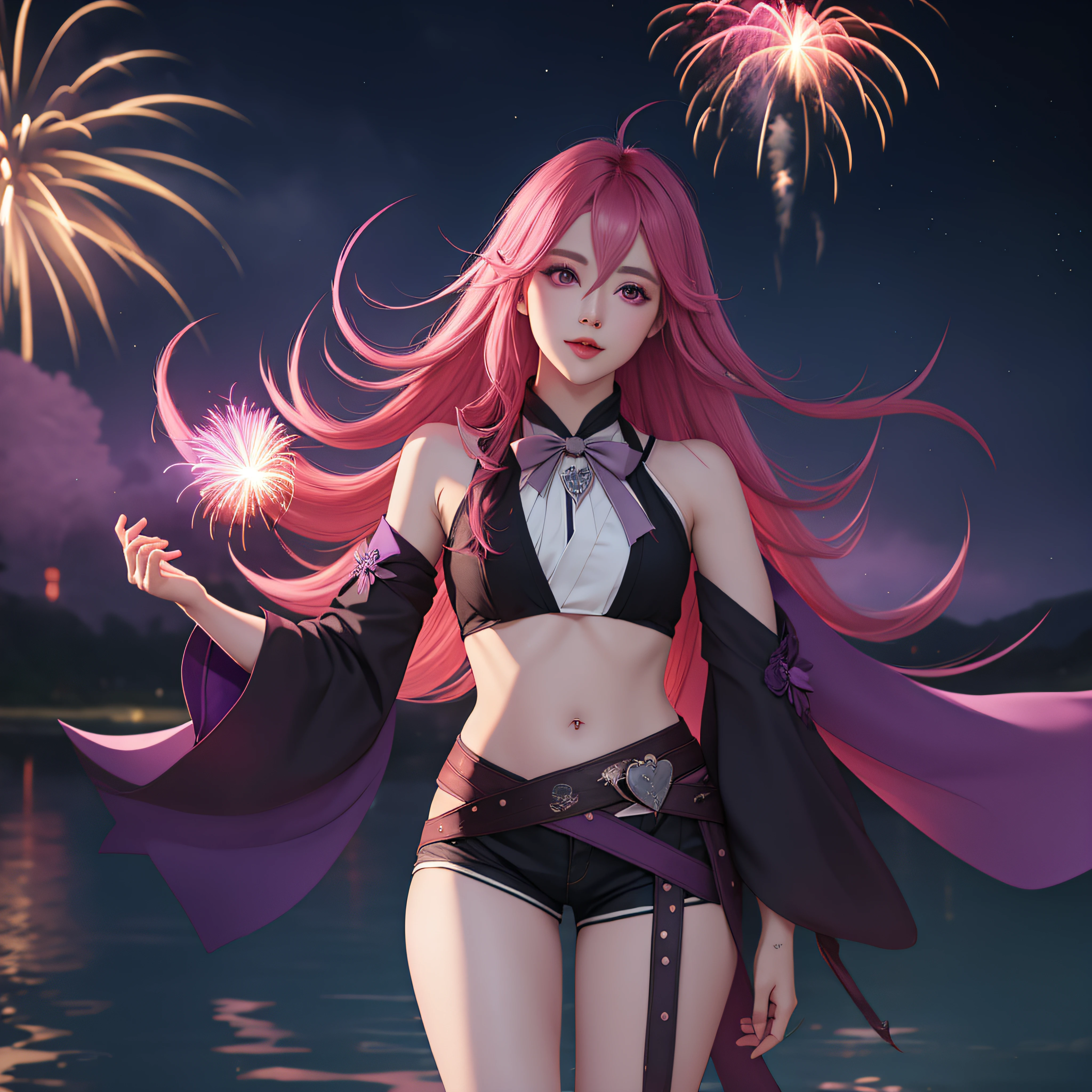 Keera, 1girl, pink hair, hair spread out, hair between eyes, very long hair, bowtie, parted lips, pointy ear, purple eyes, sleeves past wrists, black sleeves, black shorts, belt, detached sleeves, ahoge, heart necklace, navel, smile, looking at viewer, lily \(flower\),(fireworks),(aerial fireworks),firework background,(night),shrine,lake, light reflection \(water\), standing, from below,fiction art, RAW photo, hanfu picture, best photo, best photo quality, 8k quality, 8k ultra, super realistic, real photo most economical, the goddess poses sexy and seductive,