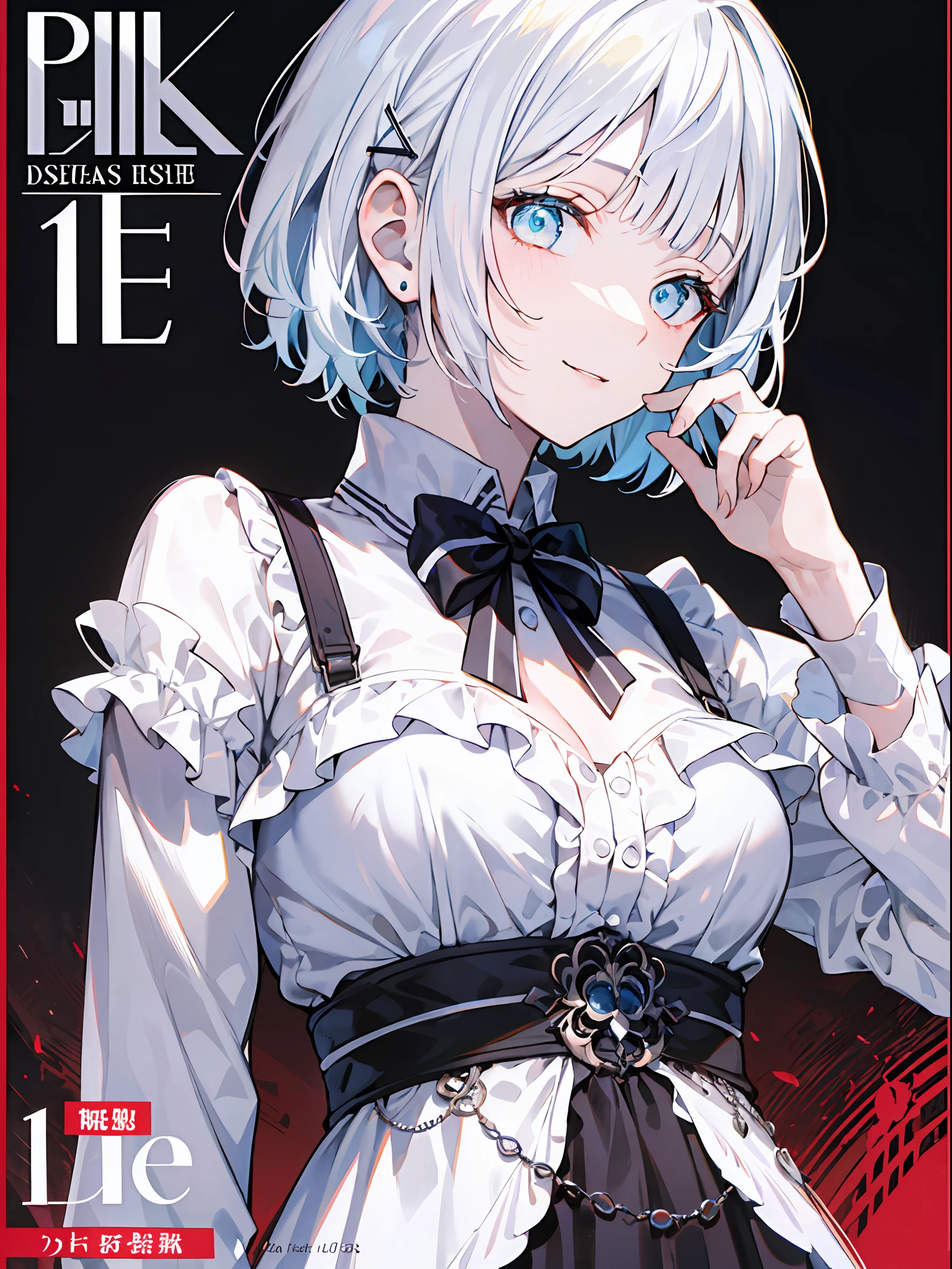 detectivesiesta, Smile, Short hair, Bangs, Blue eyes, Shirt, Hair Ornament, Long sleeves, Dress, Bow, White hair, hair clips, Blunt bangs, bowtie, Red bow, X Hair Ornament, red bowtie, siesta, (medium breasts⁩:1.2), BREAK looking at viewer, BREAK outside, BREAK (masutepiece:1.2), Best Quality, High resolution, Unity 8k壁纸, (Illustration:0.8), (Beautiful detailed eyes:1.6), extra detailed face, Perfect Lighting, extremely details CG, (Perfect hands, Perfect Anatomy),((((Dramatic)))、(((gritty)))、(((vehement)))Movie poster featuring a young woman as the main character。She stands confidently in the center of the poster.、Wear stylish and edgy outfits、I have a determined look on my face。The background is dark and rough、Makes you feel danger and strength。Text is bold and attention-grabbing、Has a catchy tagline that adds to the overall sense of drama and excitement。The color palette is predominantly bright、There are splashes of bright colors、It gives the poster a dynamic and visually striking look。 (magazine:1.3), (cover-style:1.3), Fashionable, femele, with a vibrant, outfits, the pose, the front, Colorful, Dynamic, Background with, element, I'm confident, expresive, ngel, statement, accessorized, An majestic, coiled, surroundings, Touch, The scene, Texto, covers, It's bold, captures the attention, Titles, Stylish, Font, Catchy, headline, The large, Impressive, moderno, Trendy, Focus, lo fashion,shorth hair、Bob Hair、White hair、bright light blue eyes