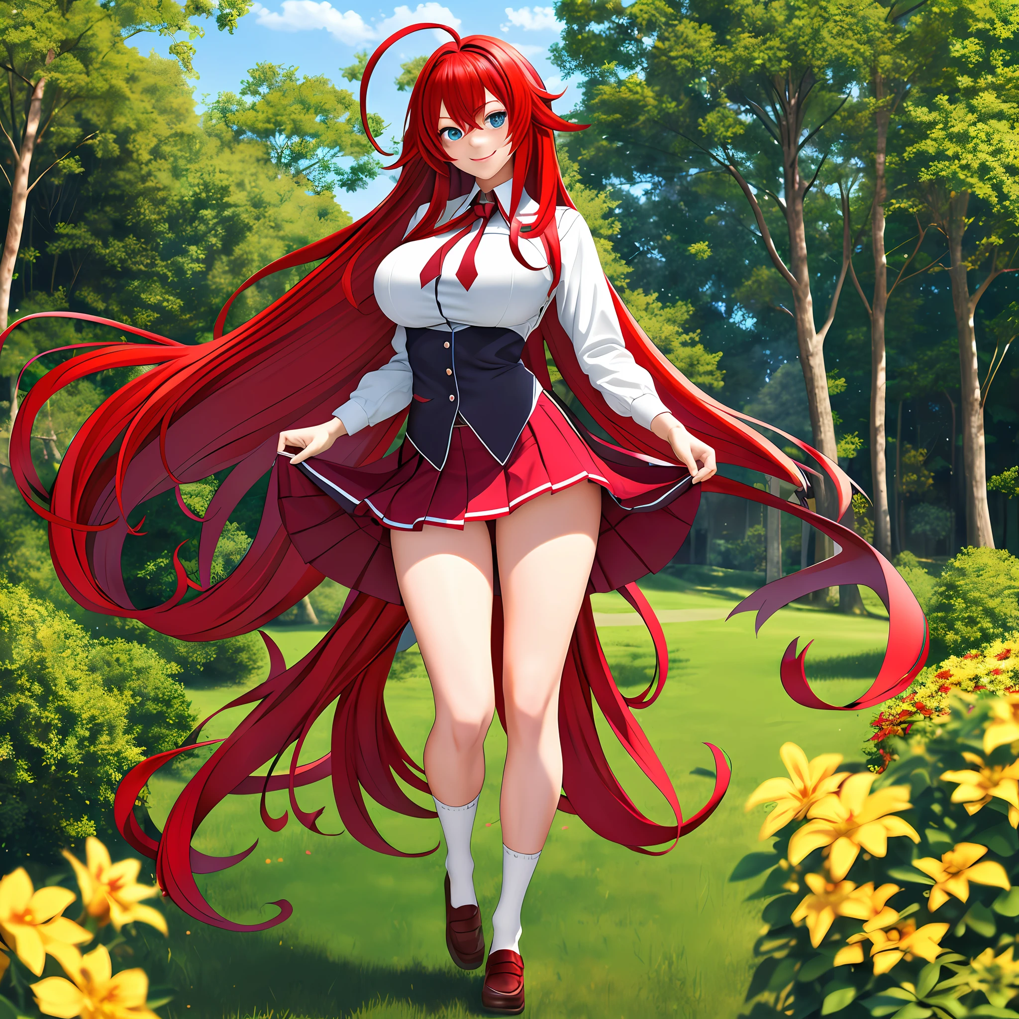 masterpiece, realistics , best quality, high res, best quality, rias gremory, 1girl, solo, long hair, (school uniform|lingere|bikni|bodycon), red hair, ahoge, blue eyes, large breasts, very long hair, breasts, socks, outdoors, standing, spread legs, (skirt lift:1.3), (white thong:1.1), smile,