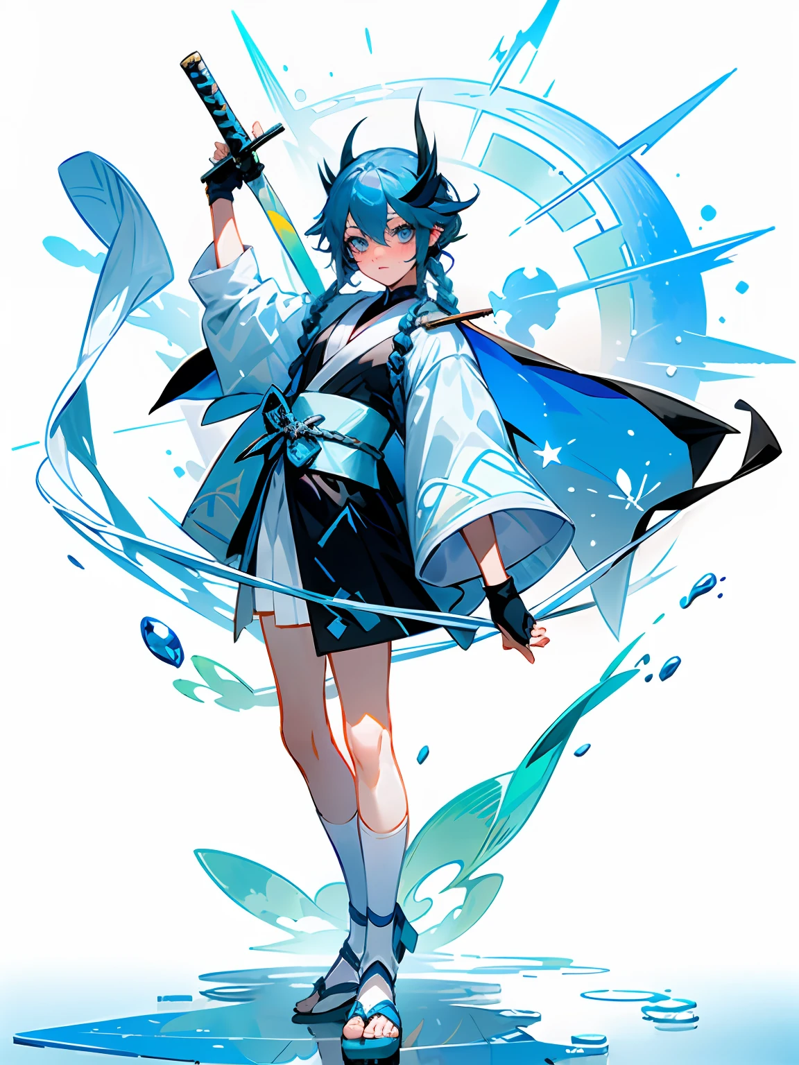 {best qualityer}, {{tmasterpiece}}, {Extremely Delicately Beautiful},krenz,Excellent light and shadow,Extremely detailed wallpapers,snowy night,Libido boy,Blushlush,Strong sunshine,Ice blue kimono Haori,Bare legged,Exquisite Hair,Black silk tights,black glove,Hold a sword in your right hand,Ice magic,Chest pull,Long Earings,Emerald pupils,Blue hair,long blue braids,Closed-toe socks,Anime characters,Tall anime guy with blue eyes,onmyoji,Snow Boy,near future