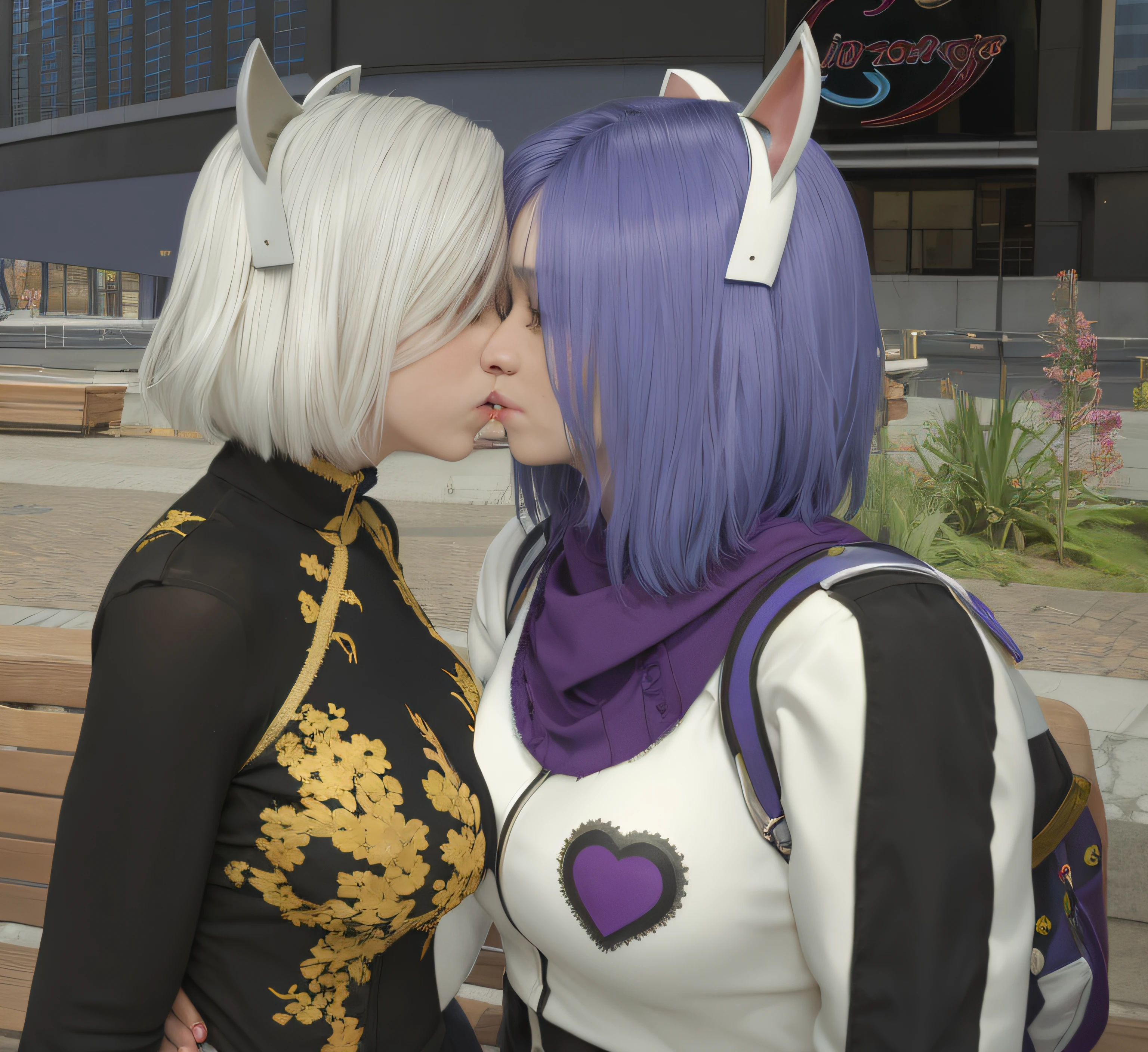There are two women who are standing next to each other, beijando juntos fofos, Nixeu e Sakimichan, lesbian kiss, beijos juntos, beijando-se, Tranding no PXIV, Ayami Kojima e Lyde Caldwell, lesbian embrace, Sakimichan e Frank Franzzeta, Duas mulheres se beijando em um carnaval, Beijar, Motor irreal : : maquiagem, Retrato de Jinx de Arcane, atraente, gatinha, gatinha jovem bonita, com o rosto muito detalhado,
