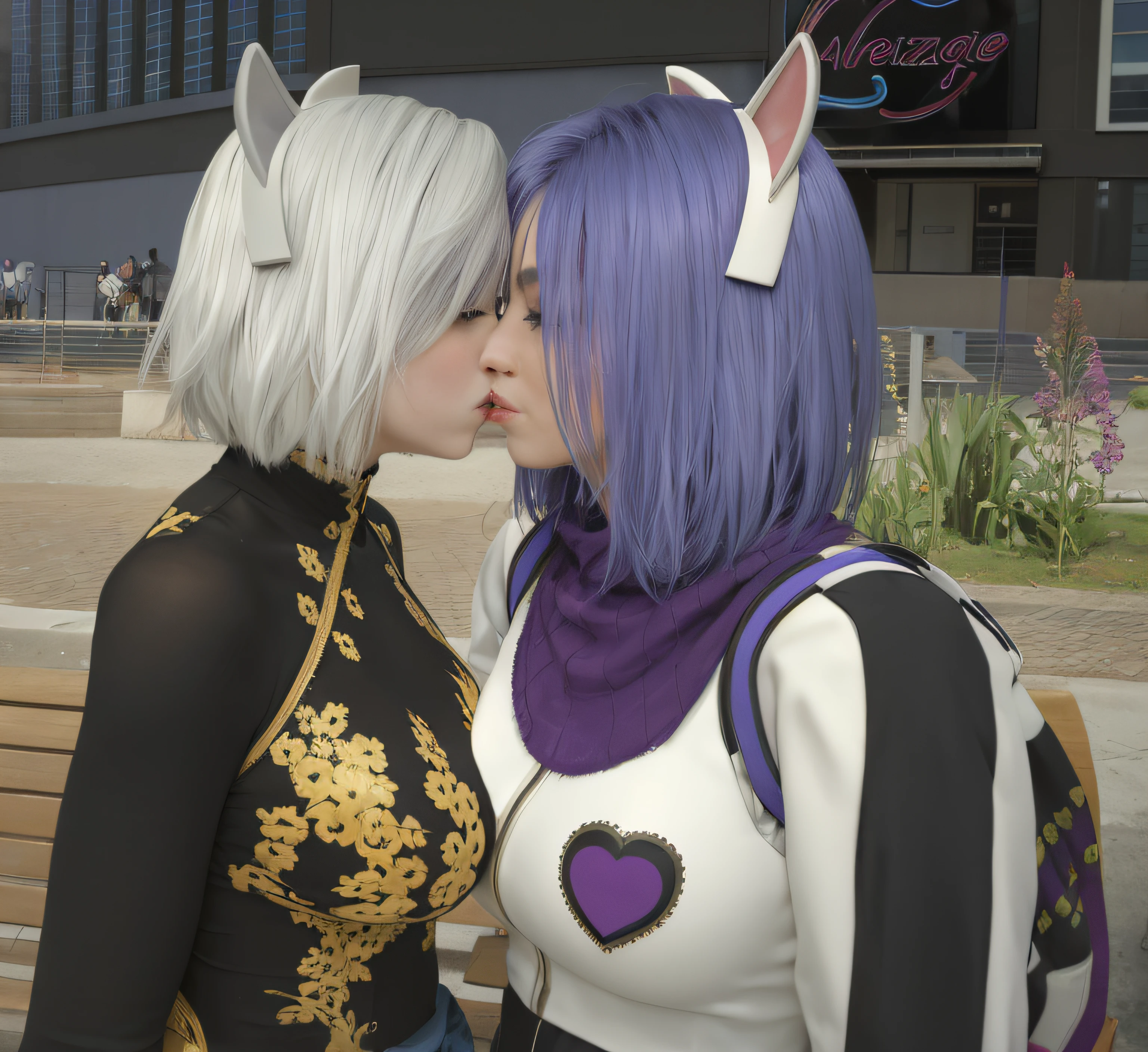There are two women who are standing next to each other, beijando juntos fofos, Nixeu e Sakimichan, lesbian kiss, beijos juntos, beijando-se, Tranding no PXIV, Ayami Kojima e Lyde Caldwell, lesbian embrace, Sakimichan e Frank Franzzeta, Duas mulheres se beijando em um carnaval, Beijar, Motor irreal : : maquiagem, Retrato de Jinx de Arcane, menina atraente, gatinha, gatinha jovem bonita, com o rosto muito detalhado,
