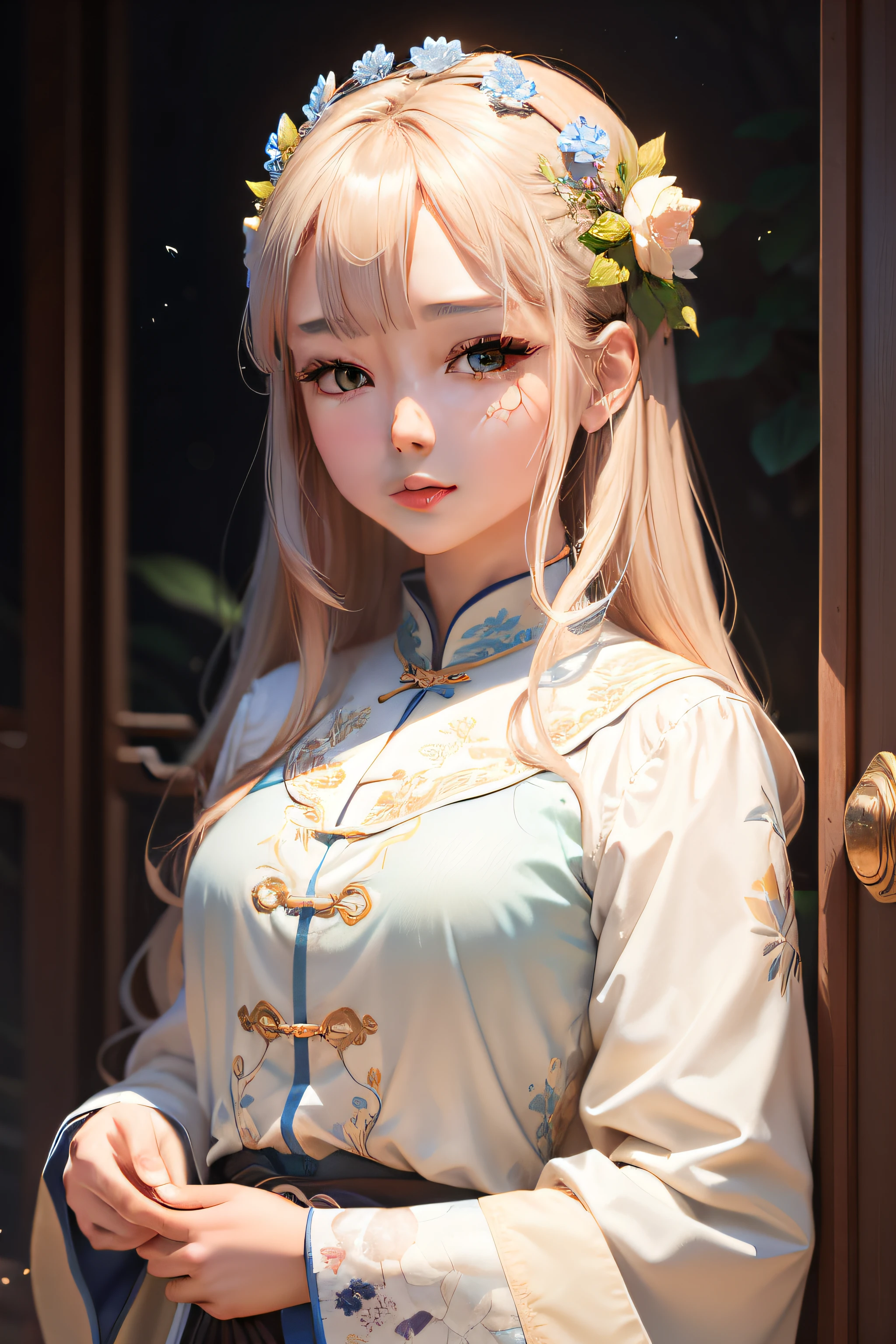 tmasterpiece，best qualtiy，（Very detailed CG unity 8k wallpaper）（best qualtiy），（Most Best Illustration），（best shadow）Nature'，Blue sea，Delicate leaves of various colors fall in air light tracking，Super verbose Chinese --v6
