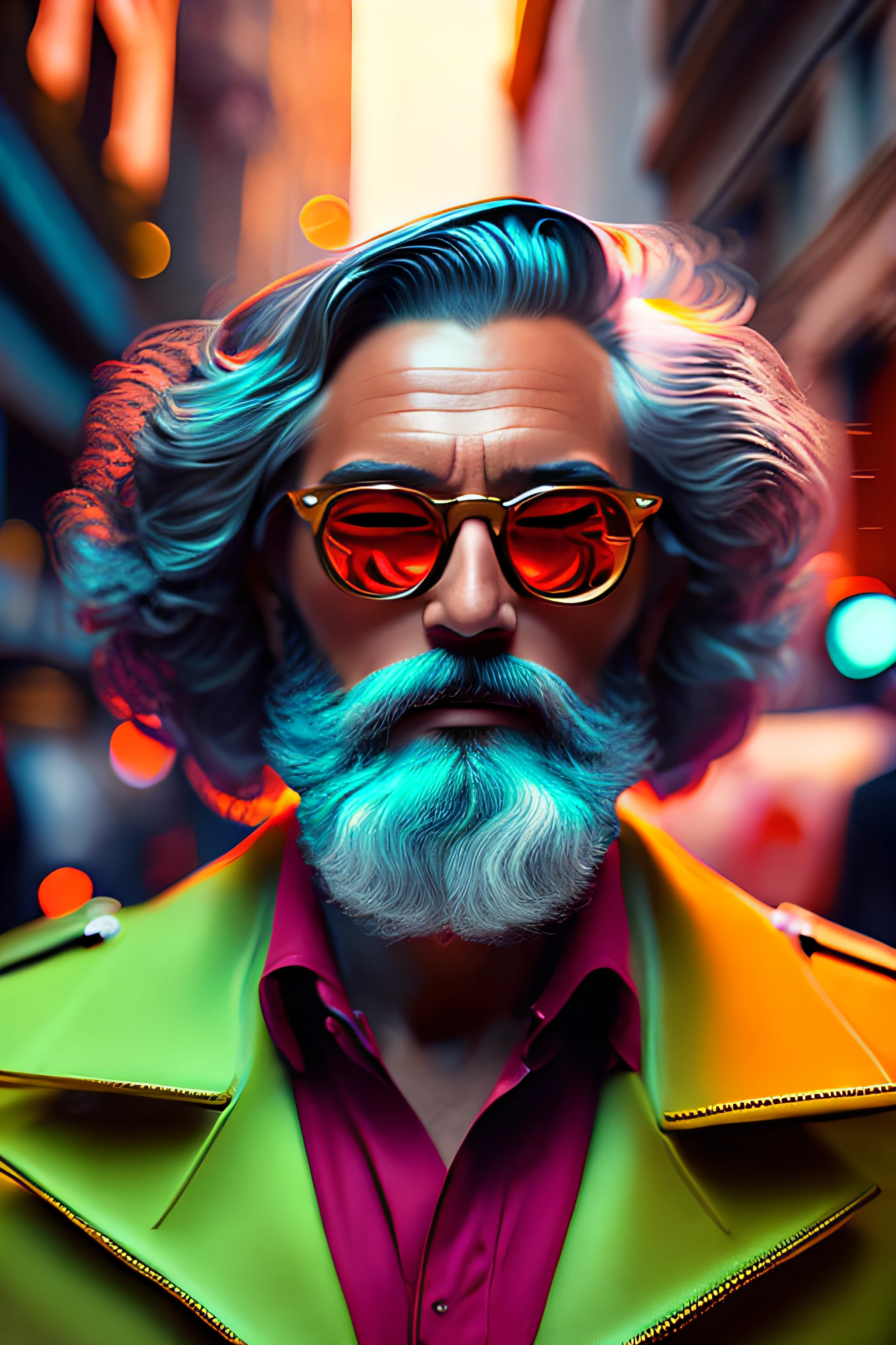 ( Full body Fashionista portrait of the middle-aged man from the 1950s with intricate modern bright colored polarized glasses), flufly cabelo clorful, smily expression, (fotografia digital extremamente detalhada: 1.2), Standing in the middle of the city, (((corpo inteiro))), imagem crua, analogical, Hasselblad, 50asa, f8, 12 millimeters, efeitos de brilho, Raios de Deus, handdrawn, prestar, 8k, octan render, Cinema 4D, liquidificador, Escuro, atmospheric 4k ultra detailed, cinematic sensual, foco nítido, humorous illustration, grande profundidade de campo, obra-prima, cores, 3d octane render, 4k, arte conceitual, trending in the artstation, hiper realista, cores vivas, Anel luminoso, extremamente detalhado CG unidade de papel de parede 8k, trending in artstation, trend in CGSociety, estilo Pop Art por Yayoi Kusama, intrincado, alto detalhe, Dramatic
, energia pura, light particles, scientific fiction