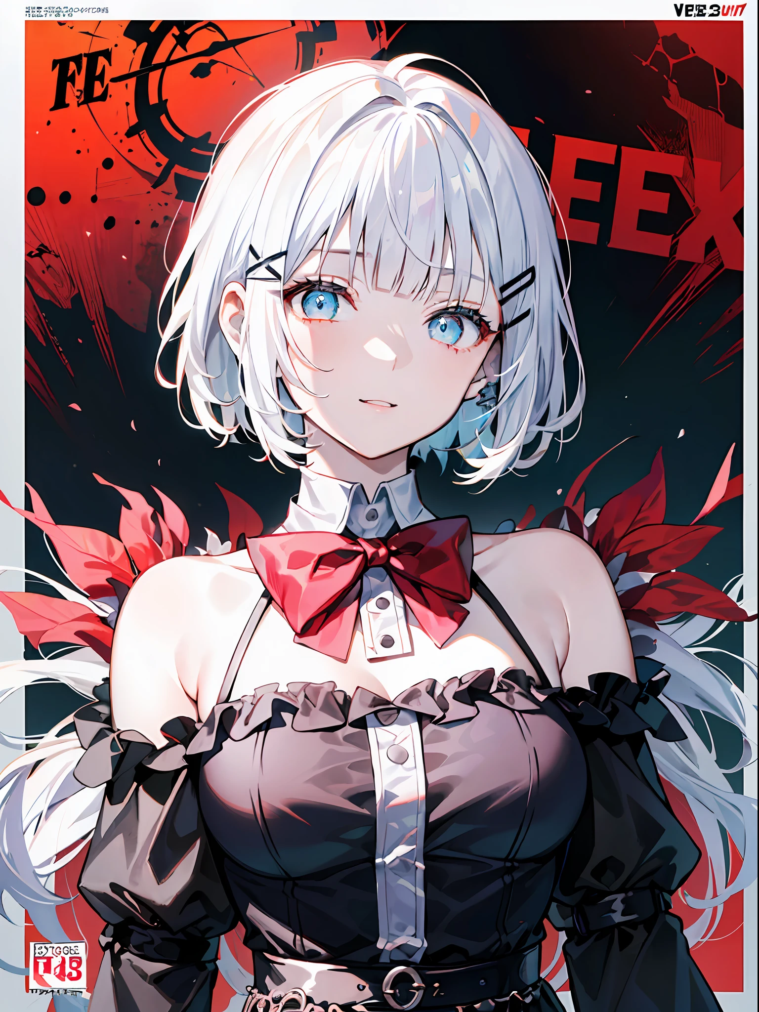 detectivesiesta, Smile, Short hair, Bangs, Blue eyes, Shirt, Hair Ornament, Long sleeves, Dress, Bow, White hair, hair clips, Blunt bangs, bowtie, Red bow, X Hair Ornament, red bowtie, siesta, (medium breasts⁩:1.2), BREAK looking at viewer, BREAK outside, BREAK (masutepiece:1.2), Best Quality, High resolution, Unity 8k壁纸, (Illustration:0.8), (Beautiful detailed eyes:1.6), extra detailed face, Perfect Lighting, extremely details CG, (Perfect hands, Perfect Anatomy),((((Dramatic)))、(((gritty)))、(((vehement)))Movie poster featuring a young woman as the main character。She stands confidently in the center of the poster.、Wear stylish and edgy outfits、I have a determined look on my face。The background is dark and rough、Makes you feel danger and strength。Text is bold and attention-grabbing、Has a catchy tagline that adds to the overall sense of drama and excitement。The color palette is predominantly bright、There are splashes of bright colors、It gives the poster a dynamic and visually striking look。 (magazine:1.3), (cover-style:1.3), Fashionable, femele, with a vibrant, outfits, the pose, the front, Colorful, Dynamic, Background with, element, I'm confident, expresive, ngel, statement, accessorized, An majestic, coiled, surroundings, Touch, The scene, Texto, covers, It's bold, captures the attention, Titles, Stylish, Font, Catchy, headline, The large, Impressive, moderno, Trendy, Focus, lo fashion,shorth hair、Bob Hair、White hair、bright light blue eyes