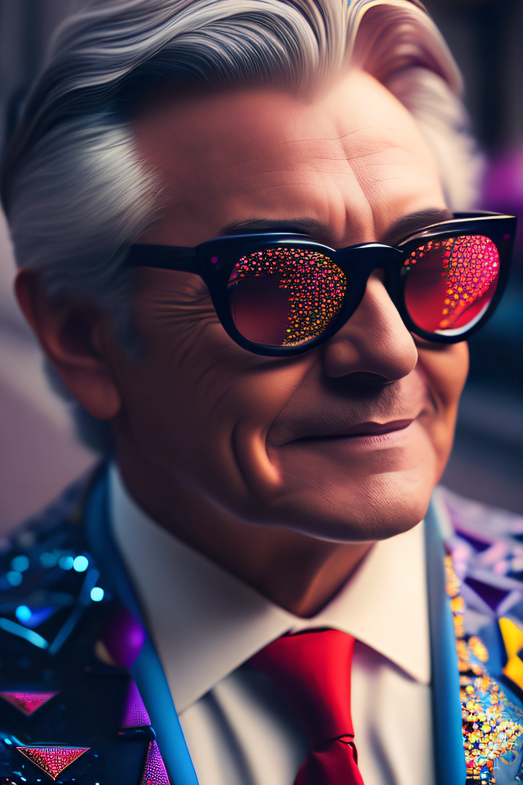 (Fashionista full-body portrait of middle-aged 1950s man with intricate modern colorful shiny polarized glasses), flufly cabelo clorful, smily expression, (Fotografia digital extremamente detalhada: 1.2), Standing in the middle of the city, (((corpo inteiro))), imagem crua, analogical, Hasselblad, 50asa, f8, 12mm, efeitos de brilho, godrays, handdrawn, render, 8k, octano render, cinema 4d, liquidificador, escuro, atmospheric 4k ultra detailed, cinematic sensual, foco nítido, humorous illustration, grande profundidade de campo, obra-prima, cores, 3d octane render, 4k, arte conceitual, trending in the artstation, hiperrealista, cores vivas, luz de aro, extremamente detalhado CG unidade de papel de parede 8k, trending in artstation, trend in CGSociety, estilo Pop Art por Yayoi Kusama, Intrincado, Alto Detalhe, dramatic
, energia pura, light particules, sci-fi