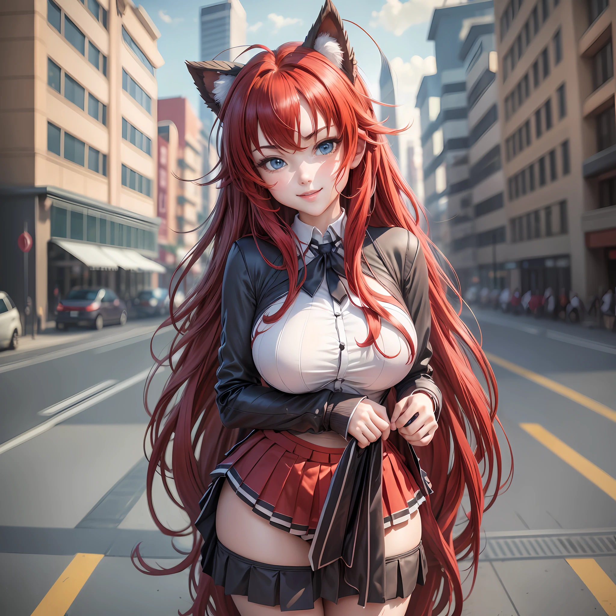 masterpiece, realistics , best quality, high res, best quality, rias gremory, (1girl:1.2), (solo:1.3), long hair, (school uniform|lingere|bikni|bodycon), full body, red hair, ahoge, blue eyes, large breasts, very long hair, breasts, socks, standing, (skirt lift:1.3),smile,