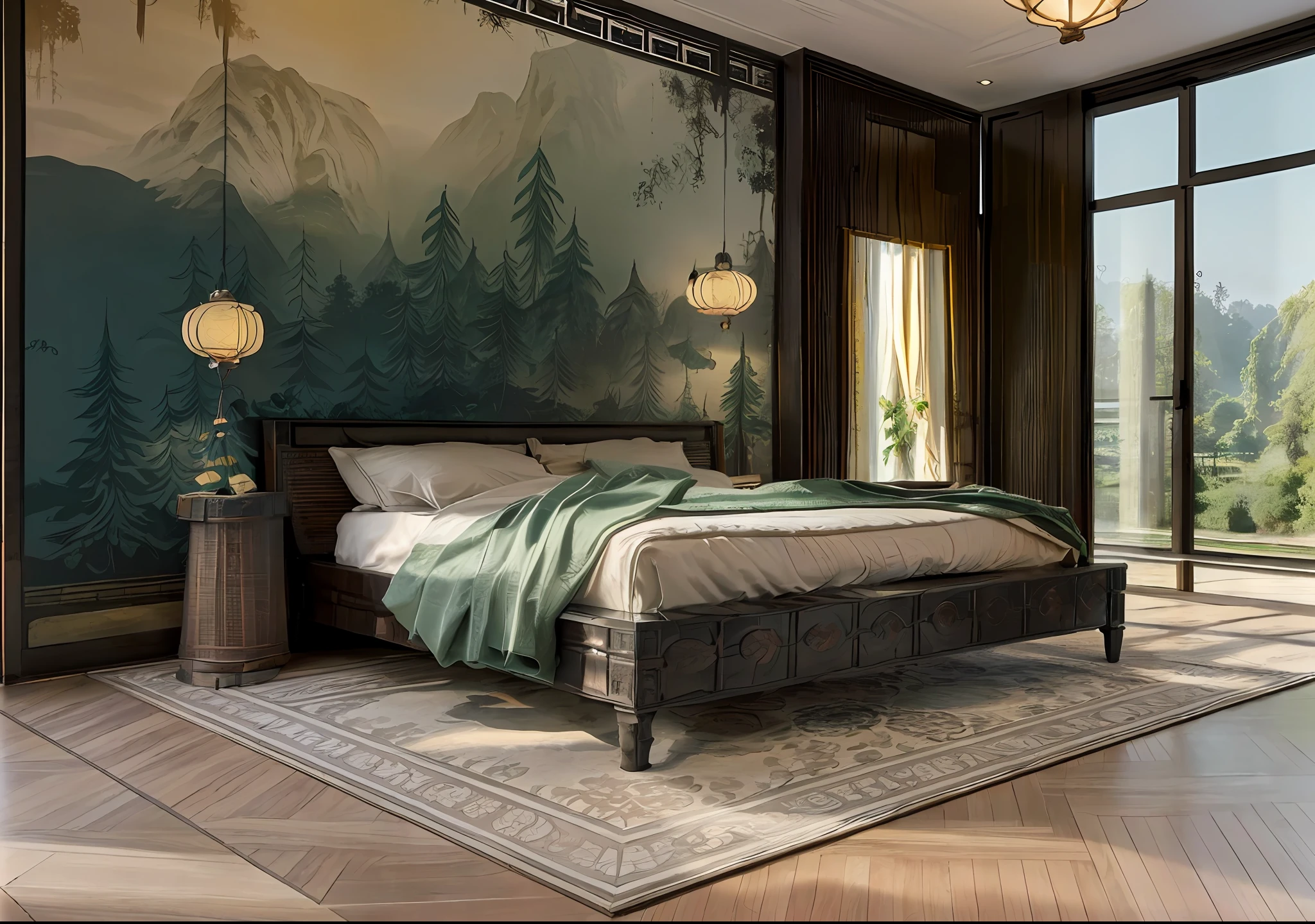 RAW photo, 8k, masterpiece, high quality, interior, indoors, natural light, bright sun, forest outdoor, foggy outdoor, indochine_bedroom, (indochine style:1.4)