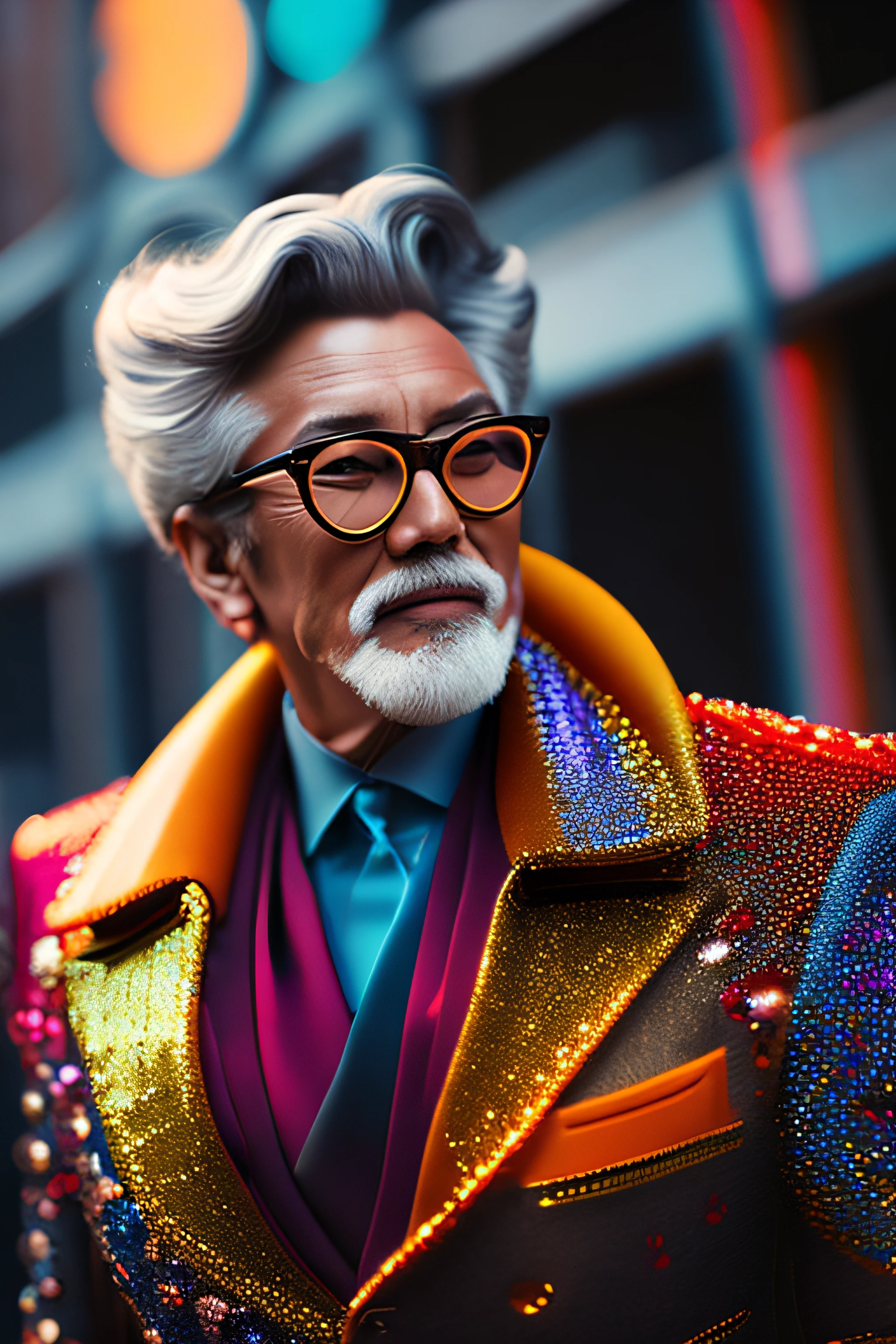 (Fashionista full-body portrait of middle-aged 1950s man with intricate modern colorful shiny polarized glasses), flufly cabelo clorful, smily expression, (Fotografia digital extremamente detalhada: 1.2), Standing in the middle of the city, (((corpo inteiro))), imagem crua, analogical, Hasselblad, 50asa, f8, 12mm, efeitos de brilho, godrays, handdrawn, render, 8k, octano render, cinema 4d, liquidificador, escuro, atmospheric 4k ultra detailed, cinematic sensual, foco nítido, humorous illustration, grande profundidade de campo, obra-prima, cores, 3d octane render, 4k, arte conceitual, trending in the artstation, hiperrealista, cores vivas, luz de aro, extremamente detalhado CG unidade de papel de parede 8k, trending in artstation, trend in CGSociety, estilo Pop Art por Yayoi Kusama, Intrincado, Alto Detalhe, dramatic
, energia pura, light particules, sci-fi