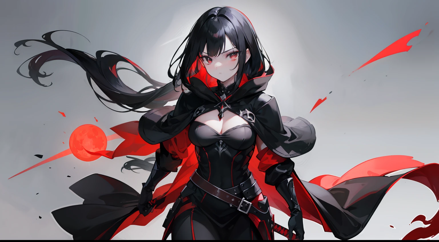 Wear a black cloak，Light armor throughout，The main color is black and red，Dragon maiden with black hair and black eyes holding a weapon，Under the moonlit night，quadratic element，full bodyesbian，contours，lineworks，k hd，Light