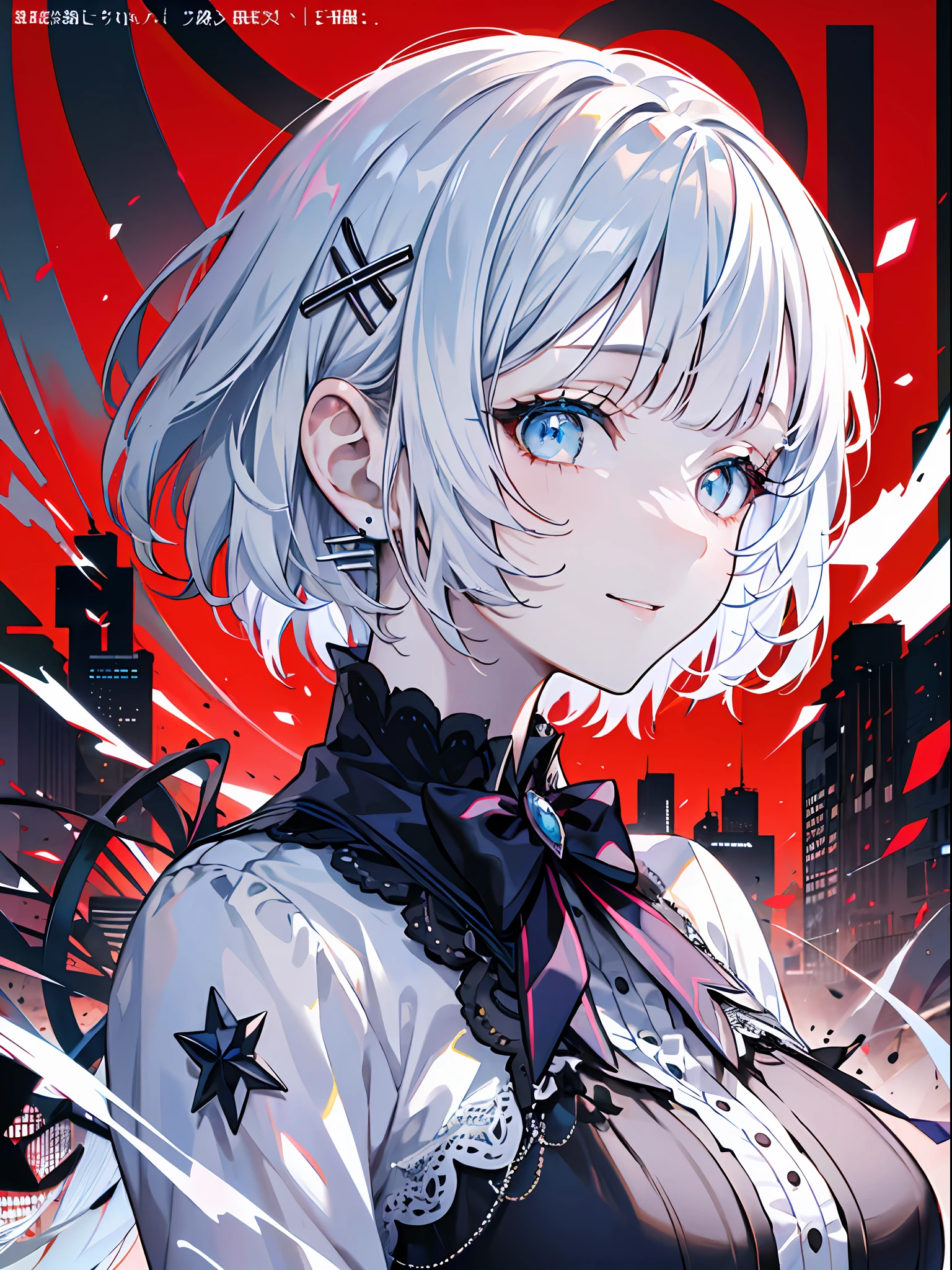 detectivesiesta, Smile, Short hair, Bangs, Blue eyes, Shirt, Hair Ornament, Long sleeves, Dress, Bow, White hair, hair clips, Blunt bangs, bowtie, Red bow, X Hair Ornament, red bowtie, siesta, (medium breasts:1.2), BREAK looking at viewer, BREAK outside, BREAK (masutepiece:1.2), Best Quality, High resolution, Unity 8k壁纸, (Illustration:0.8), (Beautiful detailed eyes:1.6), extra detailed face, Perfect Lighting, extremely details CG, (Perfect hands, Perfect Anatomy),((((Dramatic)))、(((gritty)))、(((vehement)))Movie poster featuring a young woman as the main character。She stands confidently in the center of the poster.、Wear stylish and edgy outfits、I have a determined look on my face。The background is dark and rough、Makes you feel danger and strength。Text is bold and attention-grabbing、Has a catchy tagline that adds to the overall sense of drama and excitement。The color palette is predominantly bright、There are splashes of bright colors、It gives the poster a dynamic and visually striking look。 (magazine:1.3), (cover-style:1.3), Fashionable, femele, with a vibrant, outfits, the pose, the front, Colorful, Dynamic, Background with, element, I'm confident, expresive, ngel, statement, accessorized, An majestic, coiled, surroundings, Touch, The scene, Texto, covers, It's bold, captures the attention, Titles, Stylish, Font, Catchy, headline, The large, Impressive, moderno, Trendy, Focus, lo fashion,shorth hair、Bob Hair、White hair、bright light blue eyes