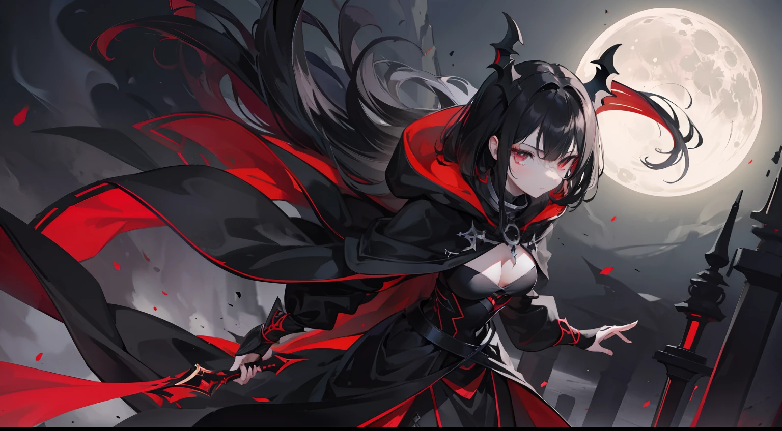 Wear a black cloak，Light armor throughout，The main color is black and red，Dragon maiden with black hair and black eyes holding a weapon，Under the moonlit night，quadratic element，full bodyesbian，contours，lineworks，k hd，Light