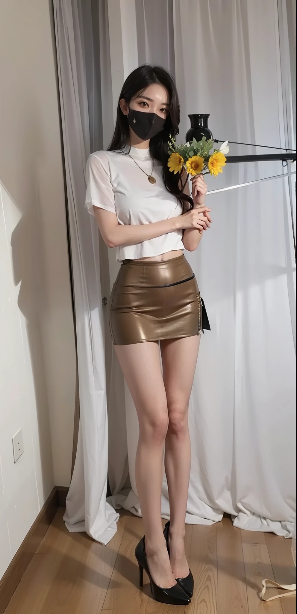 Full body photo of beautiful sexy woman wearing short skirt and sewn stockings,Stands_straight,((独奏)),AS-Adult,high-heels,Craving sexual,medium wind_herself,(best qualtiy,A high resolution,tmasterpiece:1.4),A tall and beautiful woman,Dark brown hair in loose wavy styling,nedium breasts,Wear a pendant,Beautifully rendered details in face and skin textures,Detailed eyes,二重まぶた