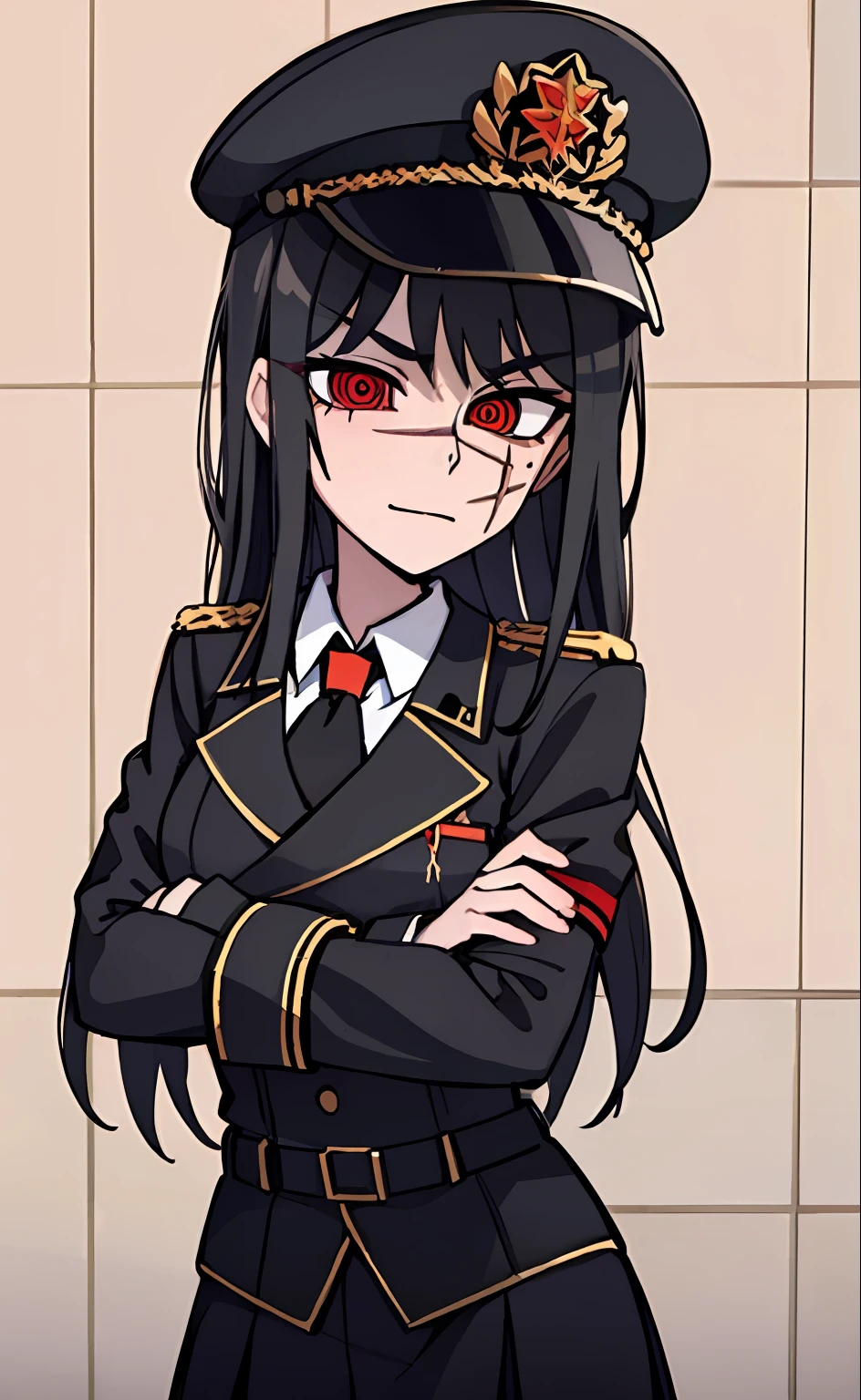(masterpiece, best quality: 1.2), Solo, 1girl, Yoru \(Chainsaw Man\), looking at the viewer, different poses, red eye, long hair, completely black hair, reference to clothing of a German WWII general, black long sleeves (best quality), scar on face, beautiful eyes, has only 2 arms, has war medals on his clothes, Black Military Cap, Golden Eagle Medal on Clothing,  (Wallpaper), (8K HD), (8K HD), Golden Shoulder Pads, Sprites, 1 Single Design (masterpiece, best quality: 1.2), Solo, 1girl, Yoru \(Chainsaw Man\), looking at the viewer, smile, happy, different poses, red eye, long hair, completely black hair, reference to clothing of a German WWII general, black long sleeves (best quality), scar on face,  beautiful eyes, has only 2 arms, has war medals on his clothes, black military cap, golden eagle medal on clothing, (wallpaper), (8K HD), (8K HD), (8K HD), golden shoulder pads, sprites, 1 single design