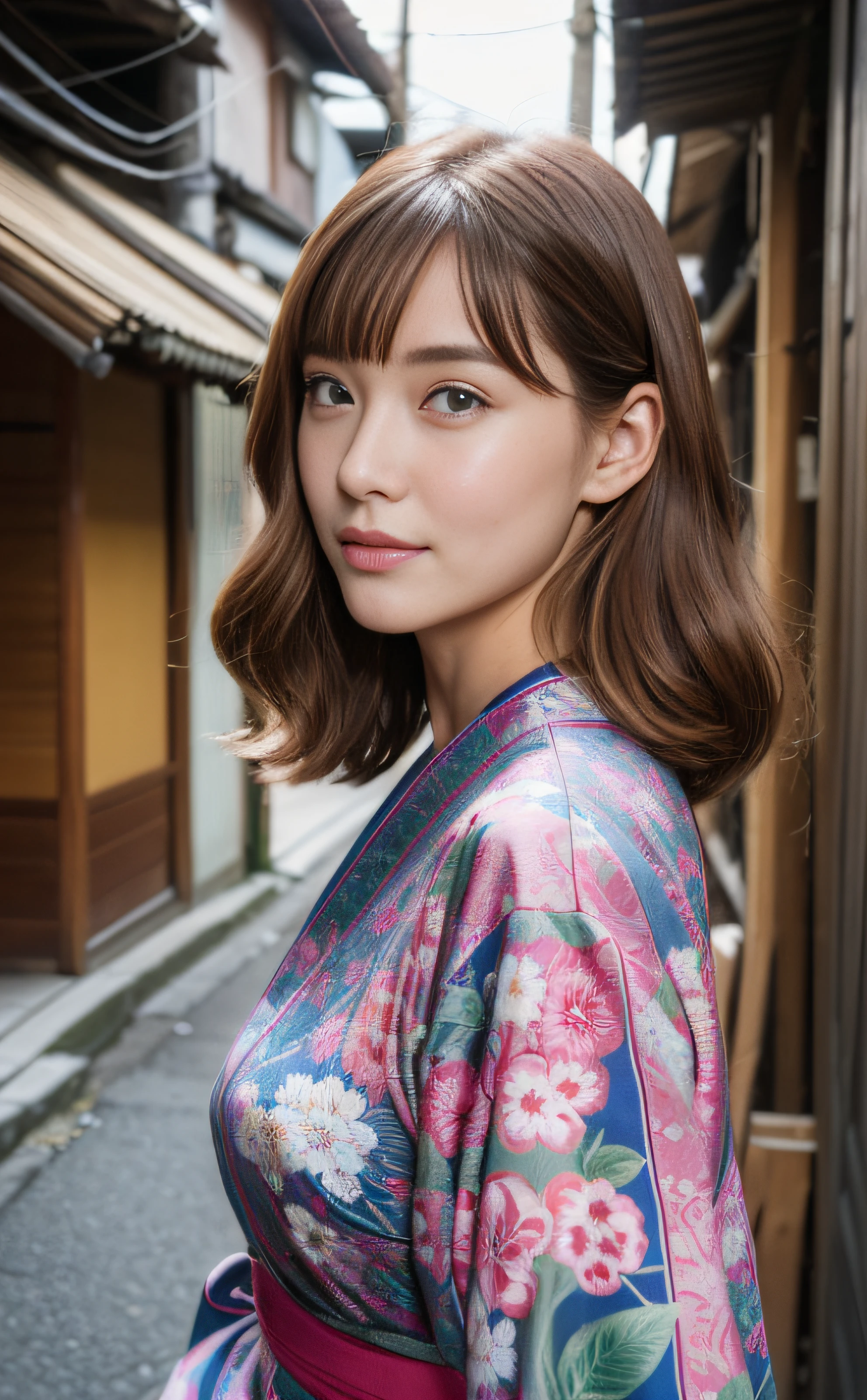 ((top-quality、8K、masuter piece:1.3))、Side Lighting、Cinematic tones、reaching out、fish-eye lens、Yukata with Japan pattern、Kimono、24-year-old beauty in a yukata:1.20、Yakitori in hand、Dynamic Angle、Walking、Alley lined with lanterns、(Highlight Haircuts)、Influencer、Bustling street、Russian、bule、shinny detailed skin、hyperdetailed face、A detailed eye、二重まぶた、Brown hair