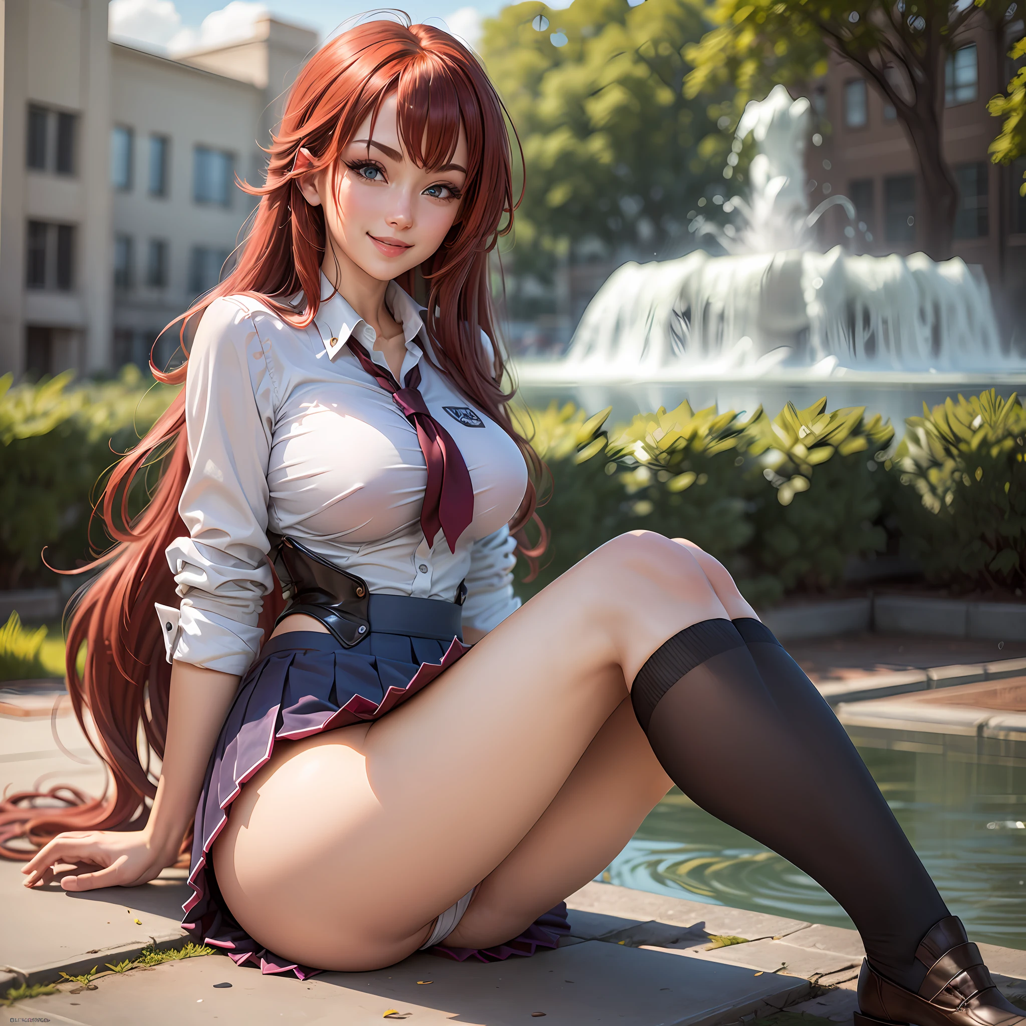 masterpiece, realistic, best quality, high res, best quality, rias gremory, sexy pose, (1girl:1.2), (solo:1.3), long hair, (school uniform|lingere|bikni|bodycon:1.3), (full body:1.5), red hair, ahoge, blue eyes,beautiful detailed eyes,, large breasts, very long hair, breasts, socks, outdoors, parks, fountain, school, (sitting, lying, standing, spread legs, (skirt lift:1.3), (white thong:1.1), (smiling|horny|seductive)