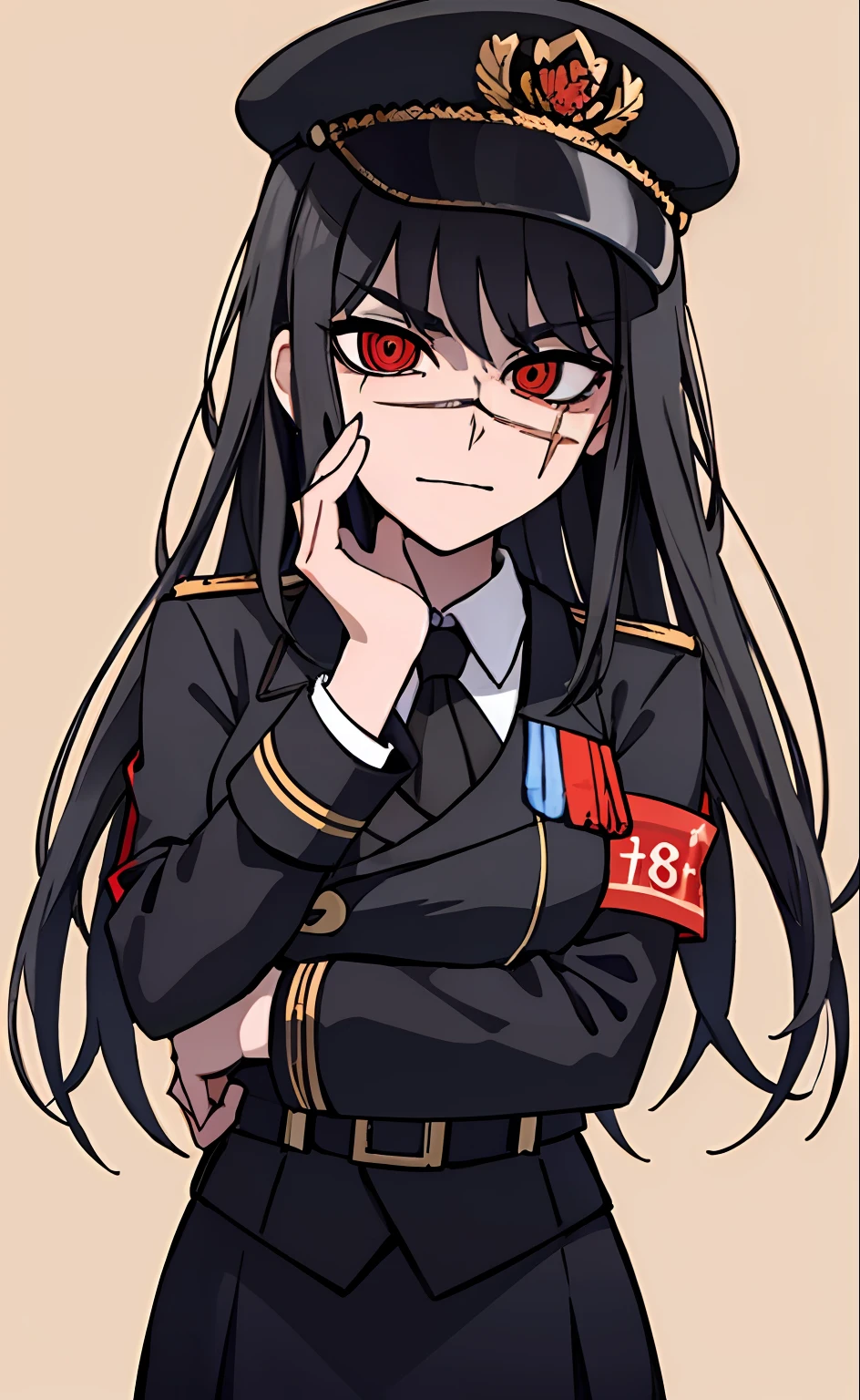 (masterpiece, best quality: 1.2), Solo, 1girl, Yoru \(Chainsaw Man\), looking at the viewer, different poses, red eye, long hair, completely black hair, reference to clothing of a German WWII general, black long sleeves (best quality), scar on face, beautiful eyes, has only 2 arms, has war medals on his clothes, Black Military Cap, Golden Eagle Medal on Clothing, (Wallpaper), (8K HD), (8K HD), Golden Shoulder Pads, Sprites, 1 Single Design (masterpiece, best quality: 1.2), Solo, 1girl, Yoru \(Chainsaw Man\), looking at the viewer, smile, happy, different poses, red eye, long hair, completely black hair, reference to clothing of a German WWII general, black long sleeves (best quality), scar on face, beautiful eyes, has only 2 arms, has war medals on his clothes, black military cap, golden eagle medal on clothing, (wallpaper), (8K HD), (8K HD), (8K HD), golden shoulder pads, sprites, 1 single design