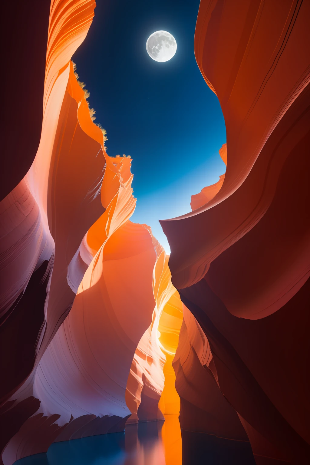 A world where Antelope Canyon meets the cosmos, medium: photography, style: a blend of Salvador Dali's surrealism and the crispness of Ansel Adams' landscapes, lighting: a harmonious blend of moonlight and sunlight casting shadows and highlights on the canyon walls, colors: deep oranges and reds of the canyon juxtaposed against a twilight blue sky, composition: Canon EOS-1D X Mark III DSLR camera, EF 16-35mm f/2.8L III USM lens, Resolution 20.1 megapixels, ISO sensitivity: 100, Shutter speed 1/125 second, a panoramic view capturing the vastness of the canyon with the moon and sun coexisting in the horizon --ar 16:9 --v 5.1 --style raw --q 2 --s 750