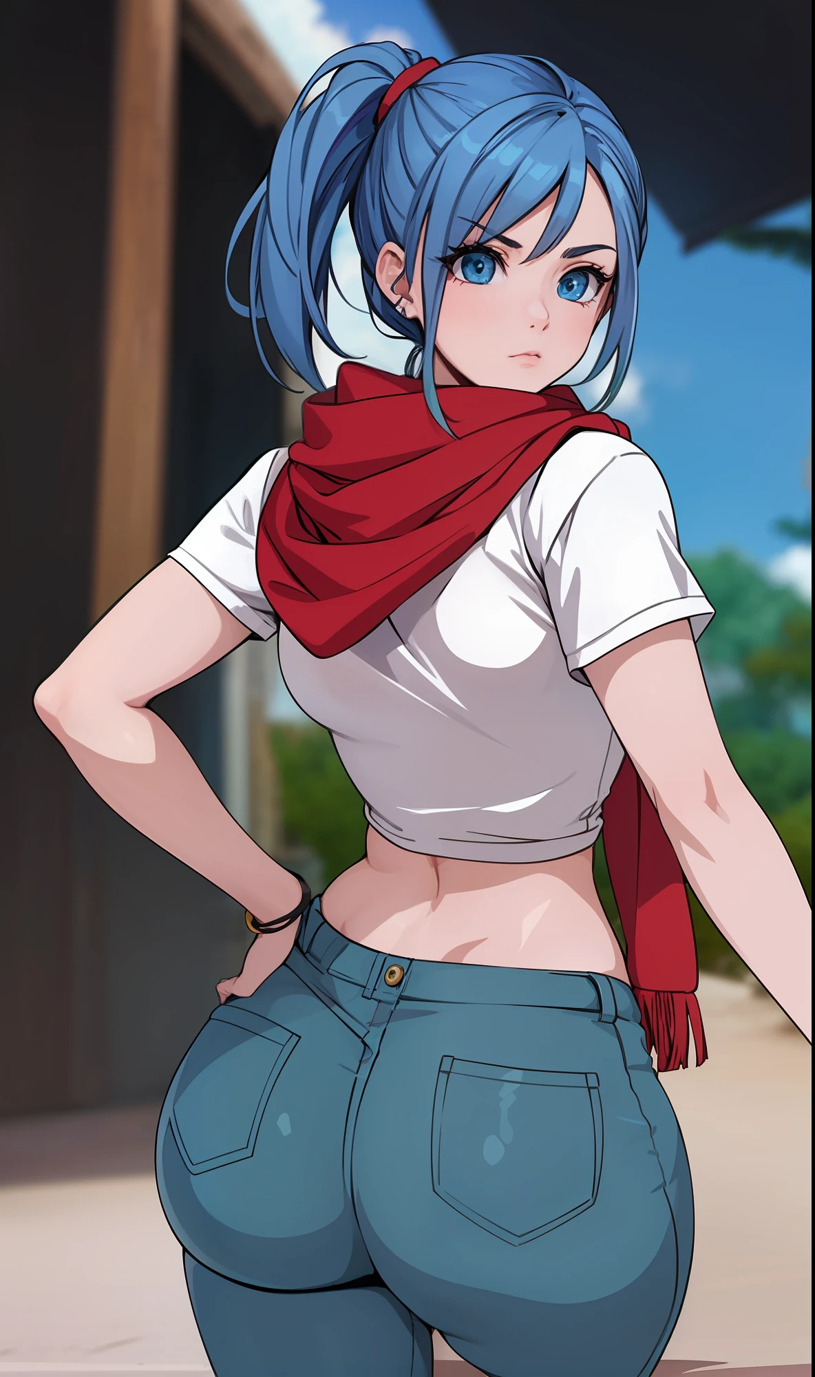 Bulma wearing blue pants,white shirt and red scarf showing off her ass in a crouched back position , bunda detalhada, bunda volumosa,focar na bunda, sapatos detalhados, corpo detalhado,focar nas costas, rosto detalhado, roupa detalhada,Full HD,desenho anime
