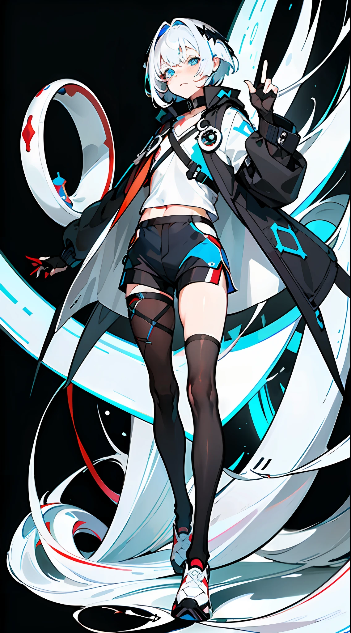 Masterpiece, Best quality, Solo,Boy, Pantyhose, White hair,Short hair, (Red and blue heterochromatic pupae:1.5),(White shirt:1.4),(Black shorts:1.5), blackfootwear, full bodyesbian, Black pantyhose, shirt, Shorts, Coat, Open coat, view the viewer, Hood, Sneakers, Open clothes, Black coat, (Flat chest:1.7), No breasts,Long sleeves, bangs, Fingerless gloves, Short hair, hair between eye,Black background