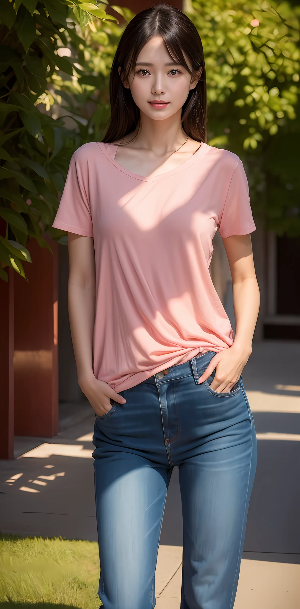 1 beautiful woman taking pictures on the grass of the villa，RAW photos，tmasterpiece，（highdetailskin：1.2），8k ultra high definition，digital SLR camera，gentlesoftlighting，high high quality，filmgrain，富士XT3，20 years old Asian woman，Wear simple clothes，T-shirt and skinny jeans，Detailed clothing details:1.3，perfect body figure，Perfect breasts and nipple bulge，The legs are straight and slender，Super detailed facial details and skin，Fair pink face and skin，The skin is pink，with light glowing，二重まぶた，Super detailed eyes，(Gloss on lips, eyeslashes, Glossy face, Best quality, Super high resolution, warm color，Wide lighting, naturalshadow), Sexy, Full body shooting: 1.8