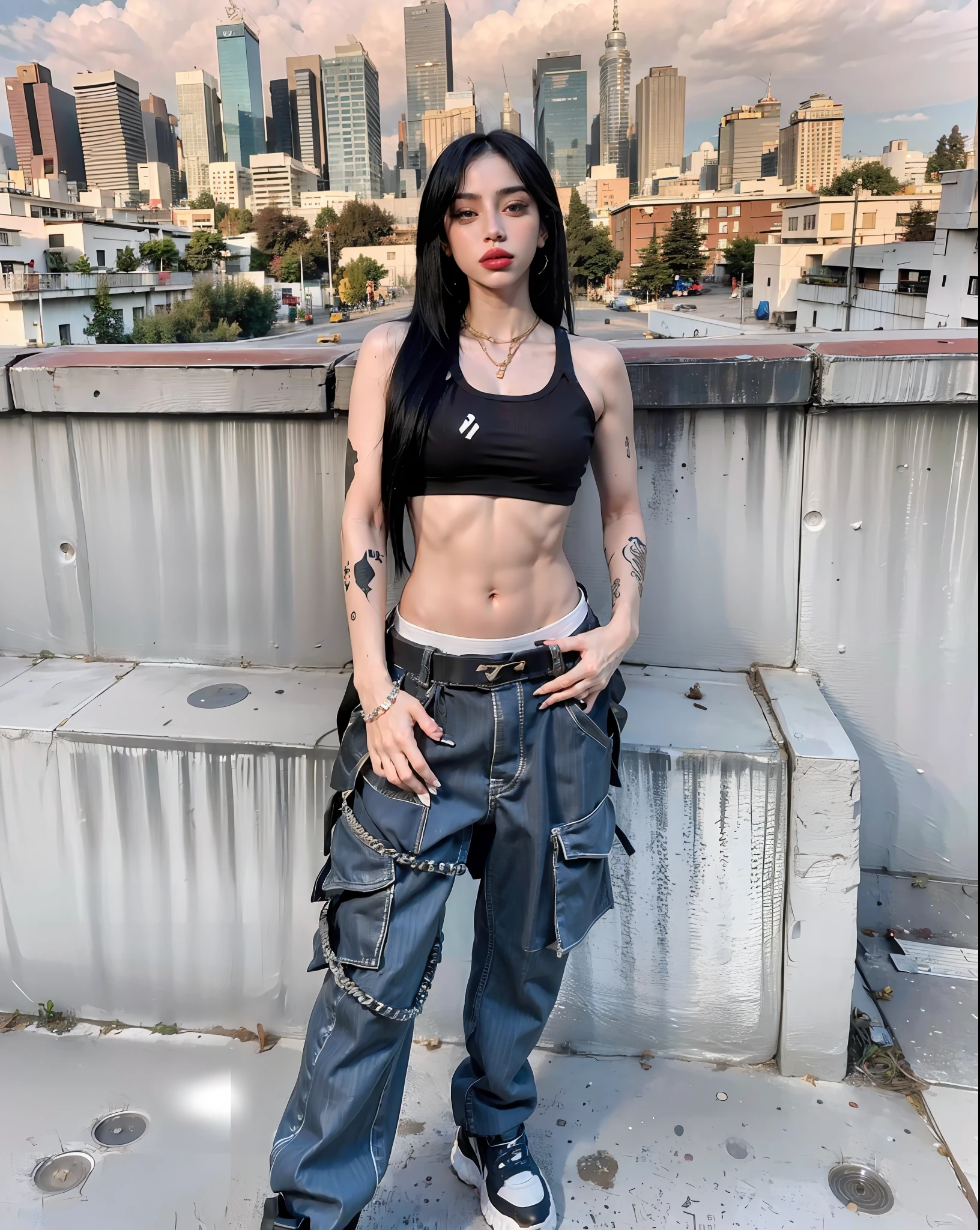 Arafed Woman with tattoos on her stomach standing on a ledge, her belly button is exposed, taken in the early 2020s, Cardi B, physical : tinyest midriff ever, photograph of a techwear woman, Ella lleva ropa de calle, Imagen de cuerpo entero, foto de perfil, se sienta en una azotea