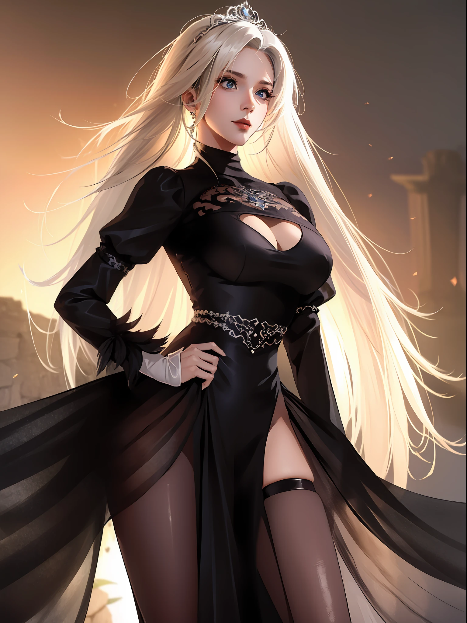 mulher bonita, elegante, com vestido preto deslumbrante, Flawless hairstyle, maquiagem suave, olhar gracioso e envolvente.