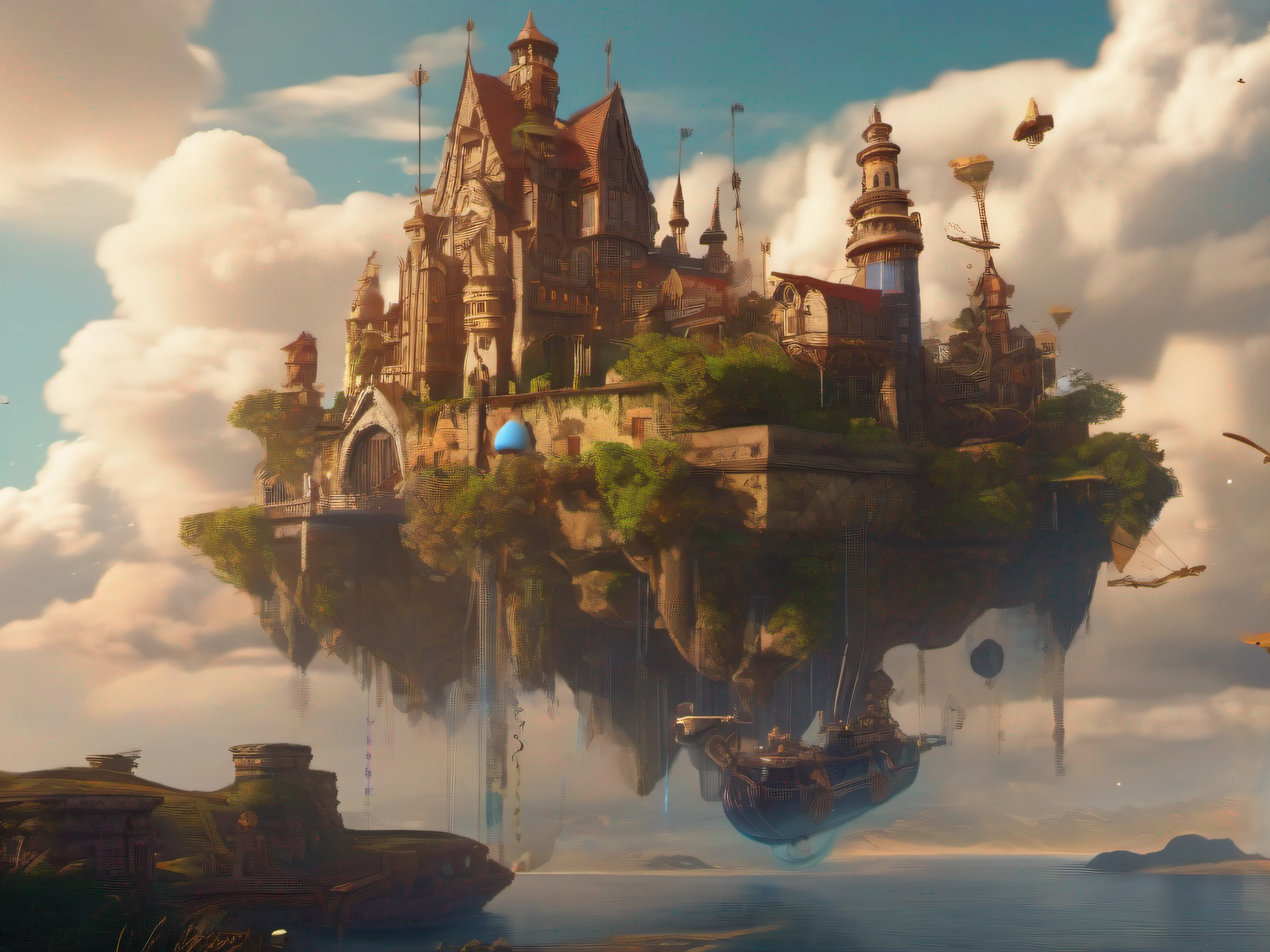 (masterpiece:1.2), (8k:1.2), (floating island:1.4), (floating land:1.2), (castle:1.3), (cloud:1.1), (sky:1.4), (steampunk:1.3), (mechanical:1.2)
