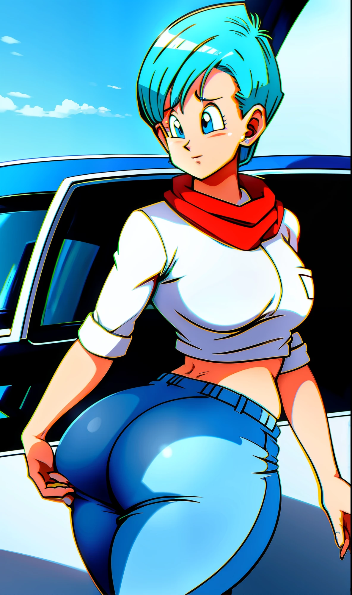 Bulma wearing blue pants,white shirt and red scarf showing off her ass in back position  , bunda detalhada, bunda volumosa,focar na bunda, sapatos detalhados, corpo detalhado,focar nas costas, rosto detalhado, roupa detalhada,Full HD,desenho anime