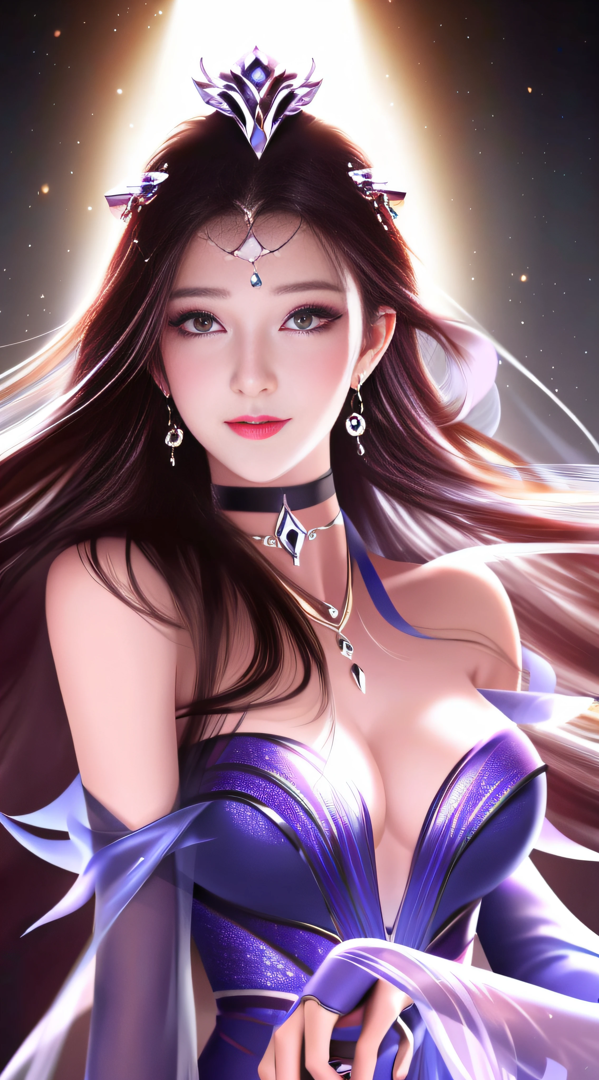 Best quality、tmasterpiece、A high resolution、1girl、Sheer silk dress、Nice face、hair adornments、looking at viewert、ssmile、Shut your mouth、cparted lips、shift dresses、hair adornments、choker necklace、jewely、long whitr hair、耳Nipple Ring、pretty  face、Tindal effect、Ancient Chinese style、edge lit、bicolor lighting、（highdetailskin：1.2）、8k UHD、DSLR、softlighting、high high quality，Volumetriclighting，photore，High resolution 4K，8k，blur backgroun，face to the viewer