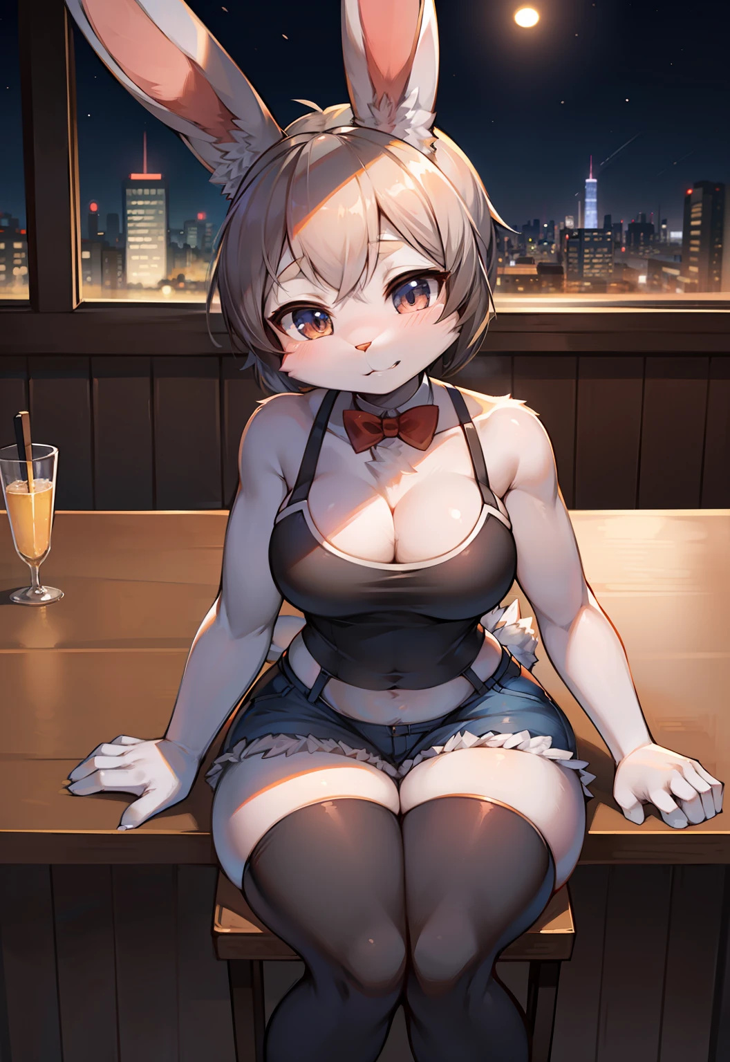 Judy hopps, (furry art, uploaded on e621:1.4), (masterpiece:1.3), (best quality:1.2),(2D:1.0), (anime:1.0), (illustration:1.0), (sharp:1.2), (night_environment), (resturant), (clear, shiny:0.8), (impasto:1.1), (ultra-detailed:1.0) (1girl, solo), (bunny_girl, anthro furry:1.6), (anthro_female_bunny:1.2), sexy, white tail, (slim waist), thick thighs, wide hips, thigh highs, sports bra, jorts, bent over, pov from behind, sitting on chair