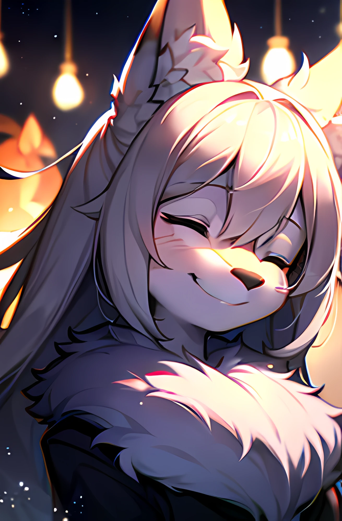 (furry:1.3), focus on face, happy, closed eyes, beautiful lights and shadows