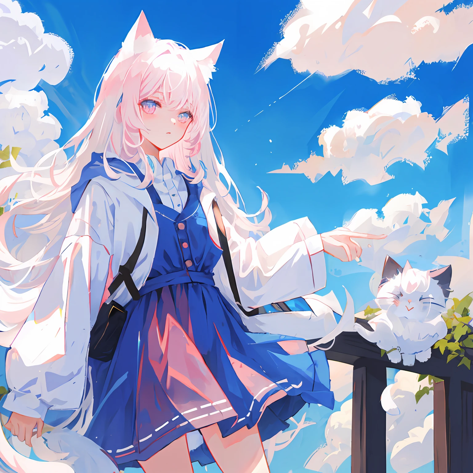 one-girl, White color hair, cat ear, Pink eyes, long whitr hair, blue open sky, A hint of cloud