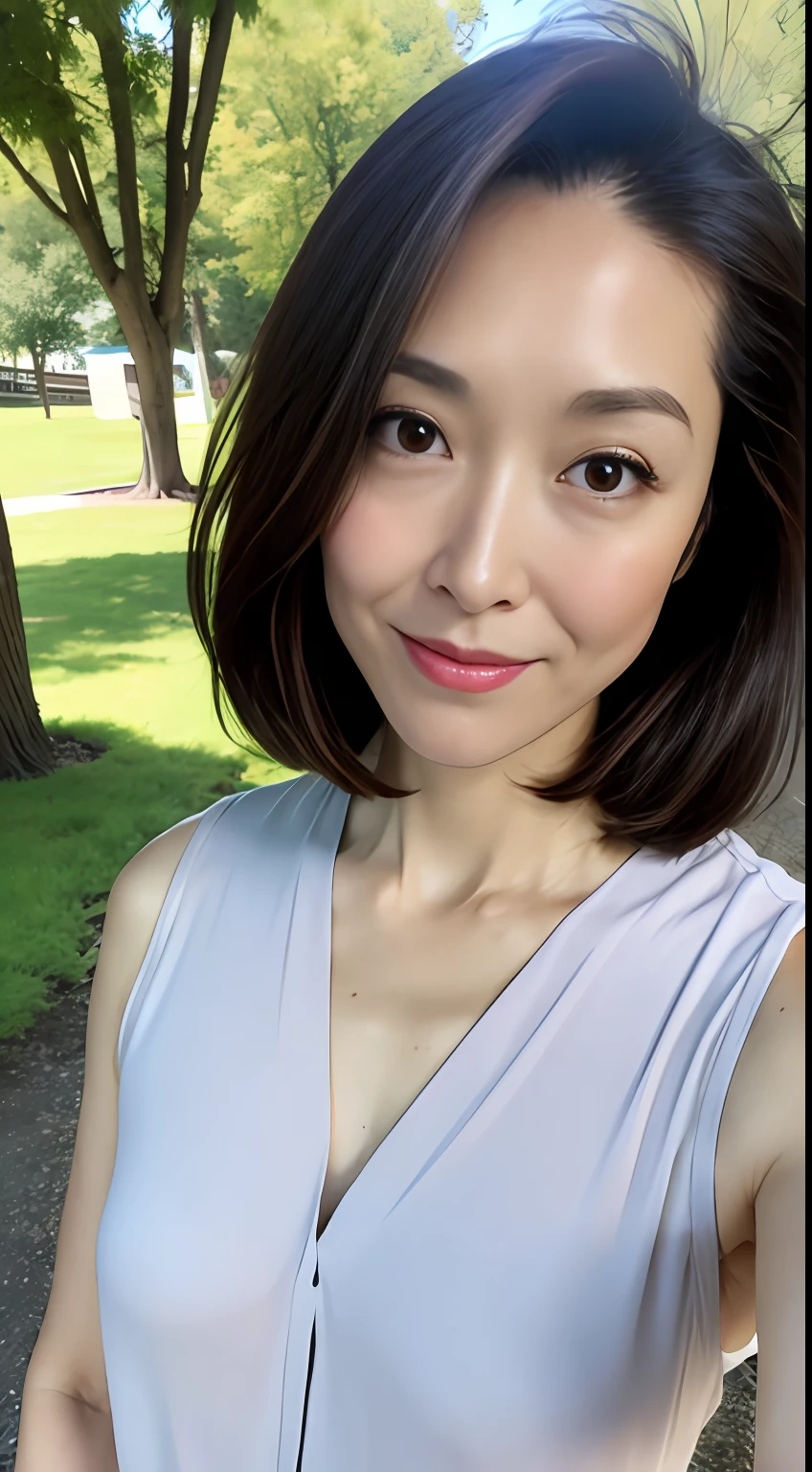 Dark brown hair, light brown eyes, Japan actress face, adult woman, face about 40 years old, (complex details: 1.2), (highest quality: 1.4), (ultra high definition: 1.2), ultra high resolution, (detailed eyes), (detailed facial features), HDR, 8k resolution, terrace in the woods, moderately sized breasts, wearing a thin sheer blouse shirt, bra showing through, Wearing a thin sheer tight miniskirt, buttocks, buttocks showing towards us, knees smooth, short hair, short hair,