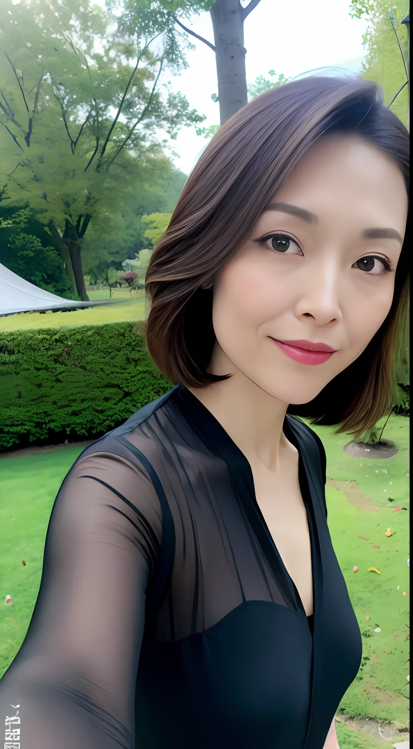 Dark brown hair, light brown eyes, Japan actress face, adult woman, face about 40 years old, (complex details: 1.2), (highest quality: 1.4), (ultra high definition: 1.2), ultra high resolution, (detailed eyes), (detailed facial features), HDR, 8k resolution, terrace in the woods, moderately sized , wearing a thin sheer blouse shirt, bra showing through, Wearing a thin sheer tight miniskirt, buttockcks showins us, knees smooth, short hair, short hair,
