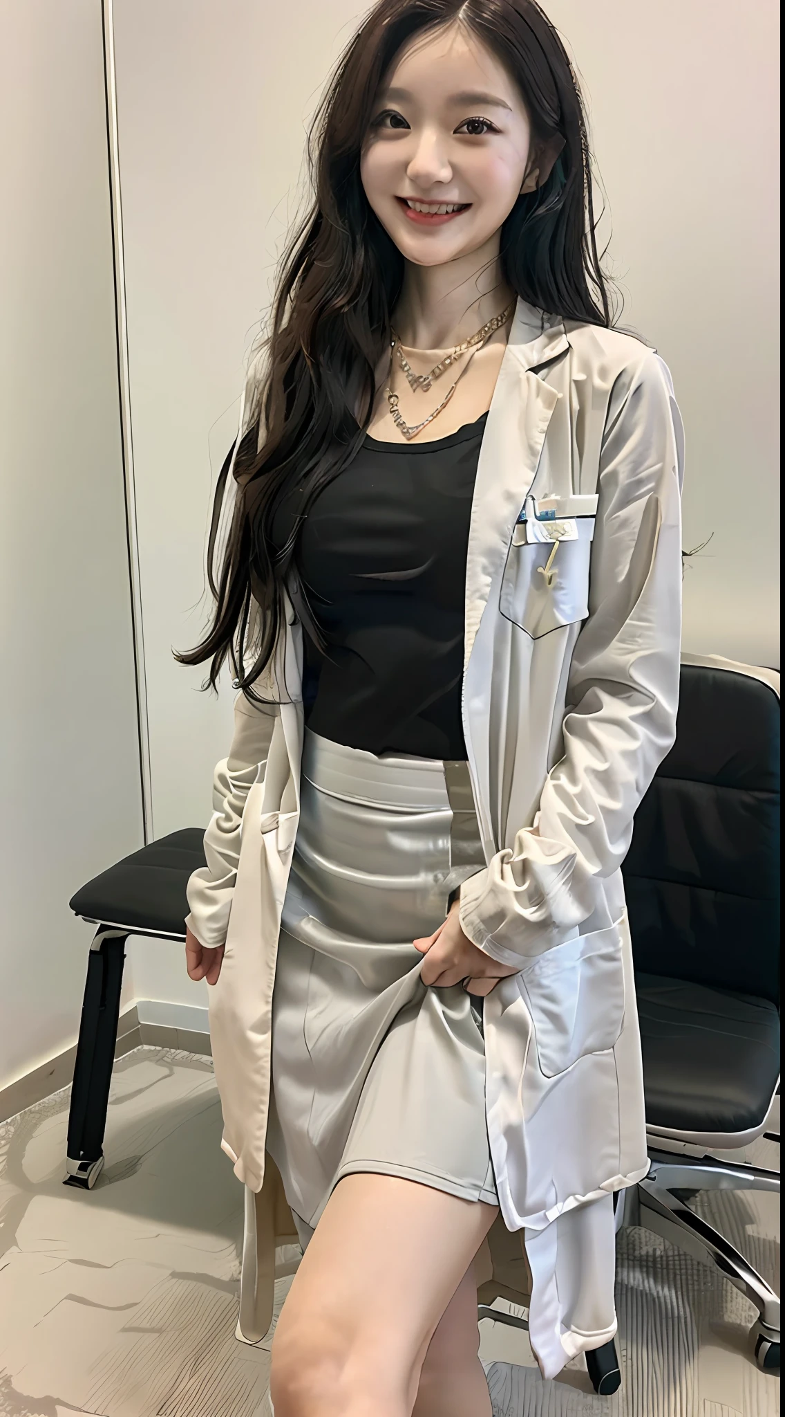 ((top-quality、8K、masterpiece:1.3))、((1womanl))、((A Japanese Lady))、((A MILF))、((45 yers old))、((slim figure))、((Female Ophthalmologist))、((Detailed eye examination room))、((Office Desk))、((Detailed office chair))、((Sitting on an office chair))、((beautifully detailed hair))、((Float NovaFrogStyle))、((Black hair Long hair))、((Extraordinary beauty))、((Beautiful and ultra-detailed face))、((Smiling kindly))、((Detailed lab coat))、((Beautiful and detailed scruff))、((Detailed necklace))、((Beautiful and detailed hands))、((Detailed long skirt))、(( Skirt is pulled up))、((Detailed beautiful legs))、((Beautiful and detailed ankles))、((Detailed anklet))
