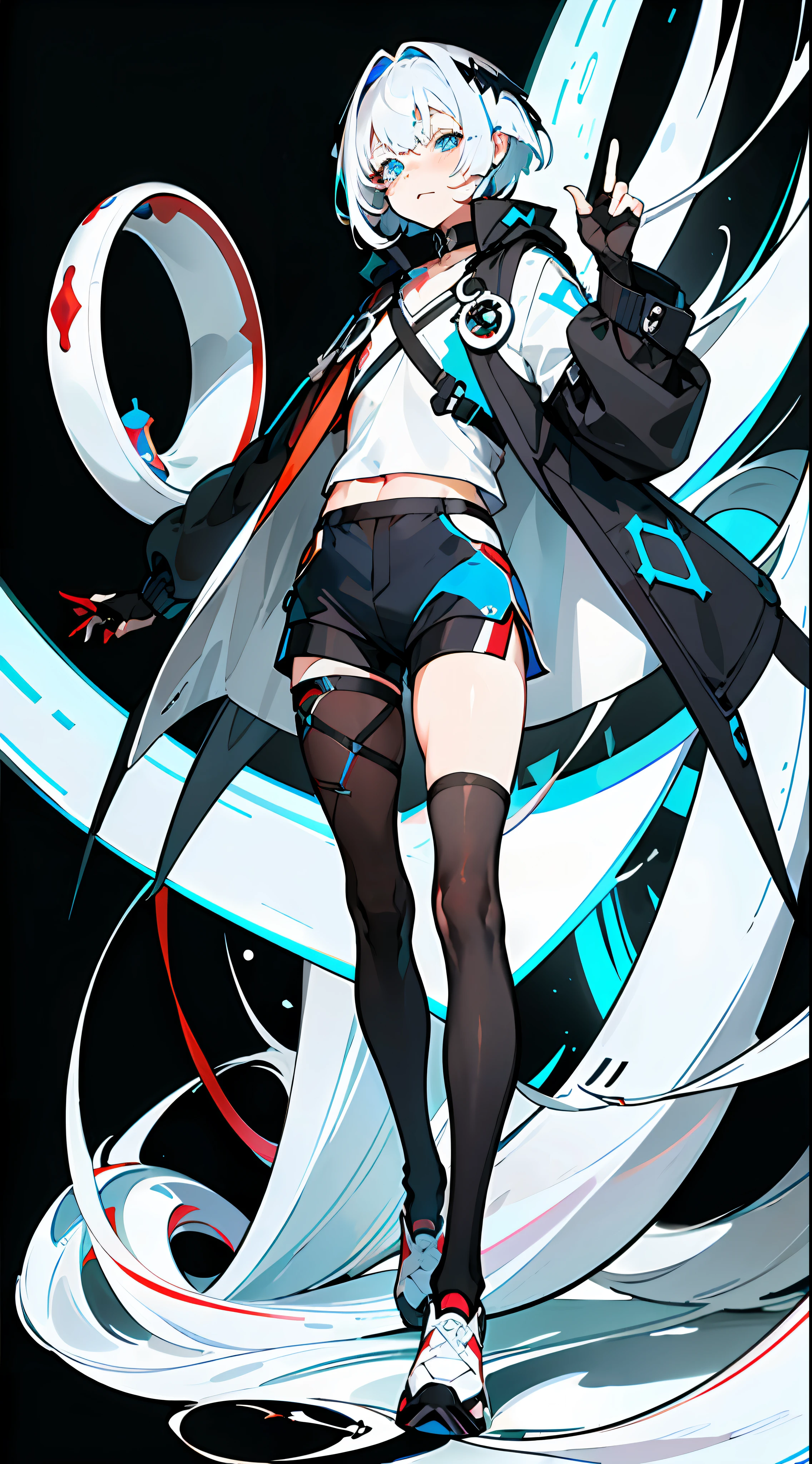 Masterpiece, Best quality, Solo,Boy, Pantyhose, White hair,Short hair, (Red and blue heterochromatic pupae:1.5),(White shirt:1.4),(Black shorts:1.5), blackfootwear, full bodyesbian, Black pantyhose, shirt, Shorts, Coat, Open coat, view the viewer, Hood, Sneakers, Open clothes, Black coat, (Flat chest:1.7), No breasts,Long sleeves, bangs, Fingerless gloves, Short hair, hair between eye,Black background