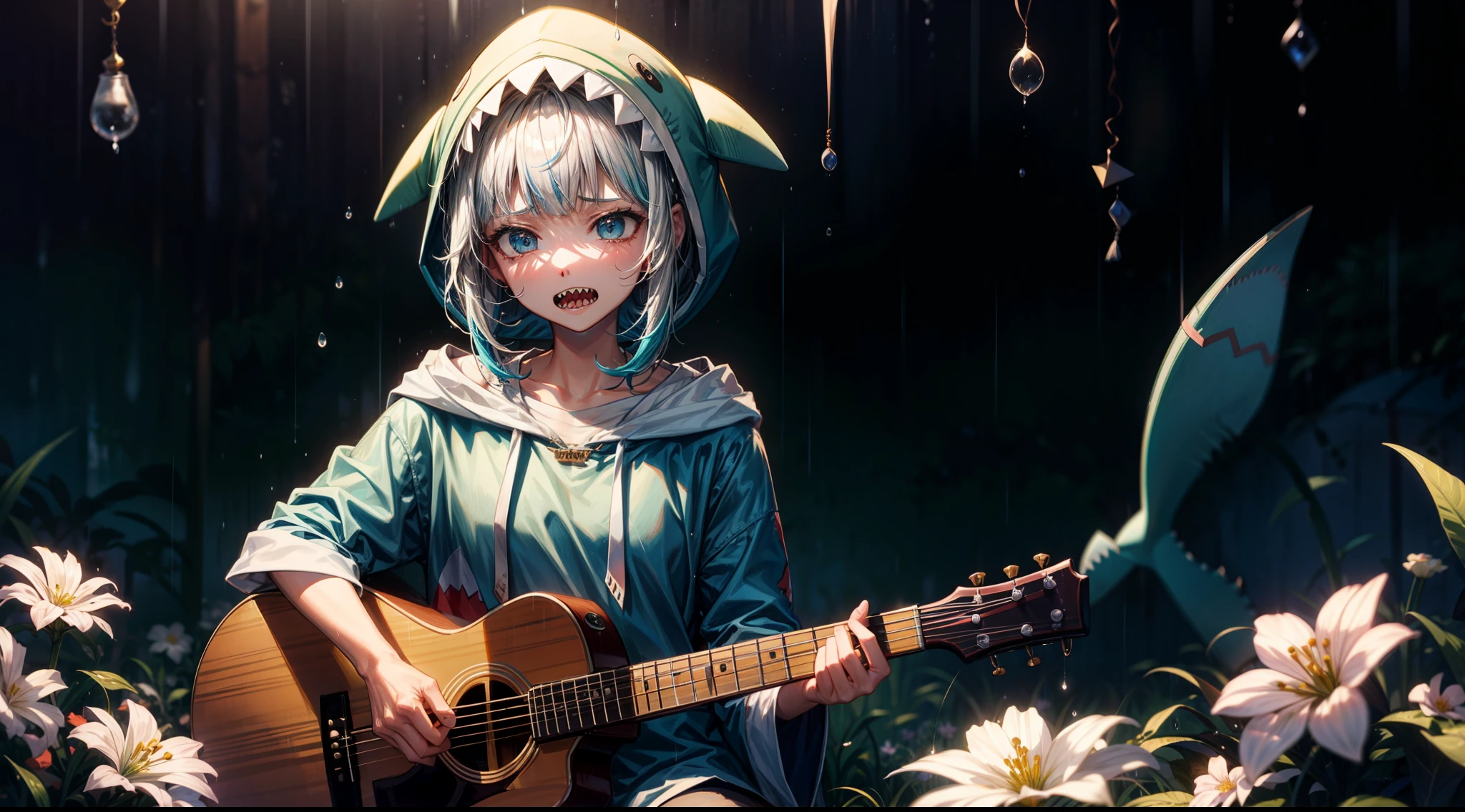 "gawr gura, with sharp teeth and a shark tail, wearing a blue hood with a shark design, playing guitar, surrounded by abundant nature and flowers floating in the air, expressing sadness, in a scene with a gentle rain, sitting."