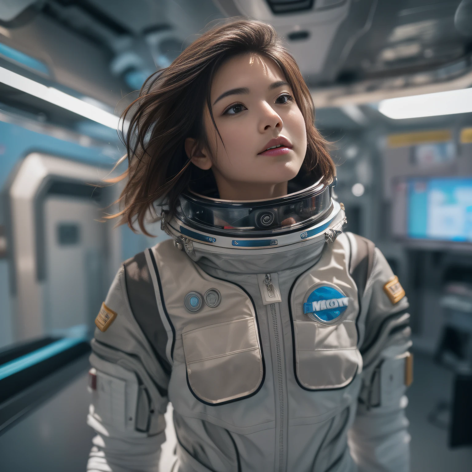 16k, RAW photo, Top quality，A half body，Lateral face，Look up at the perspective, Masterpiece（hyper HD）brunette color hair，outerspace， （realisticlying：1.4），Spacesuit， A high resolution， the detail， RAW photogr， Sharp Re， Nikon D850 Film Stock Photo by Jefferies Lee 4 Kodak Portra 400 Camera F1.6 shots, Rich colors, ultra-realistic vivid textures, Dramatic lighting, Unreal Engine Art Station Trend, cinestir 800，