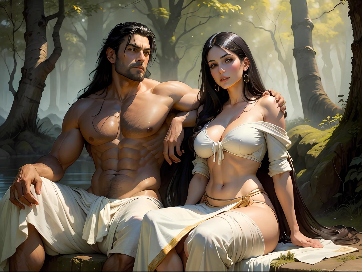 A handsome couple, sitting on a river bank, woman, Lucy Pinder, young, beautiful, completely naked, trees in background, man, handsome, robust, shirt less, wearing a white dhoti, full body view, head to toe, long black hair , front view, daylight, realistic, shade lights, high resolution, by Louis Royo, by Boris Vallejo, by Frank Frazetta