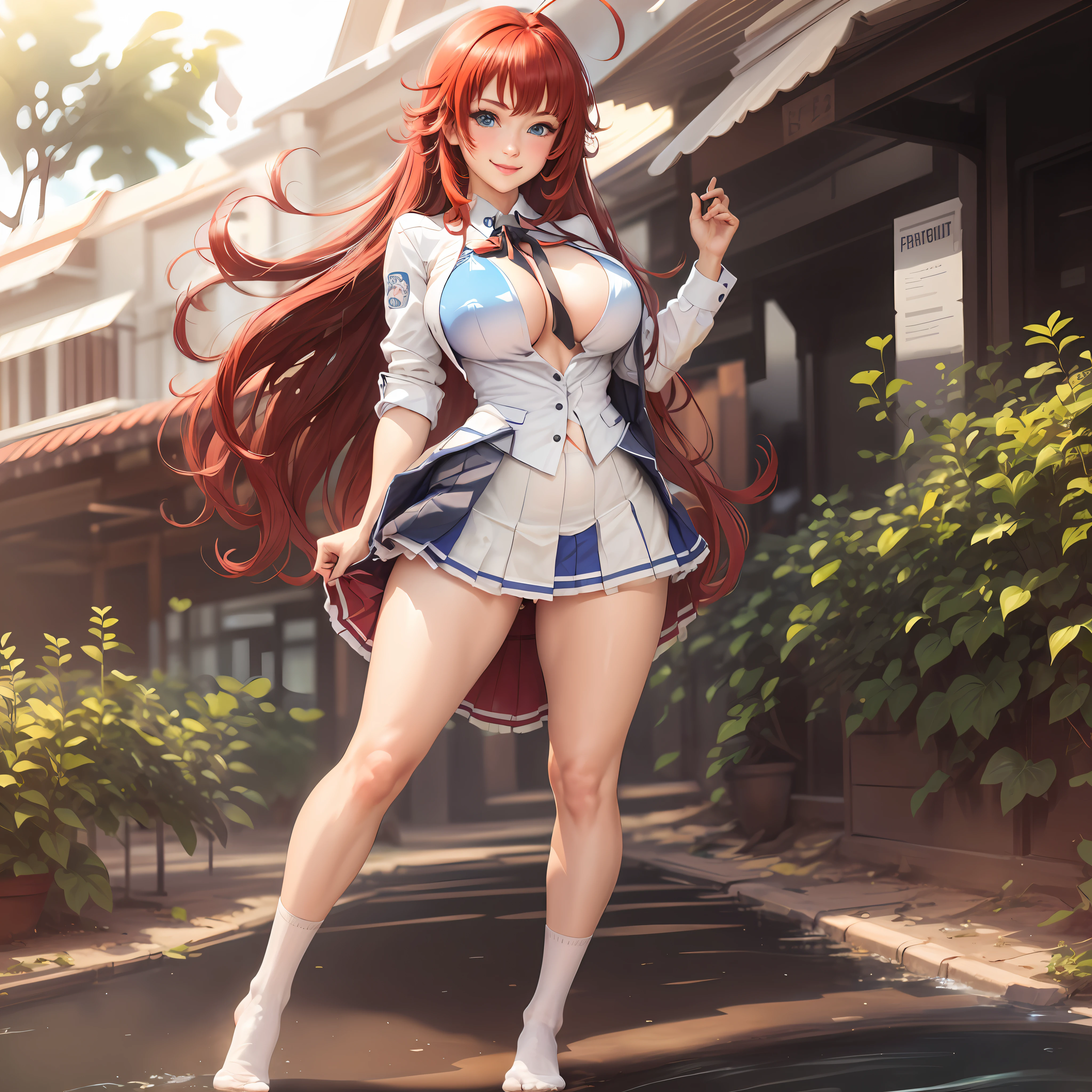 masterpiece, realistics , best quality, high res, best quality, rias gremory, (1girl:1.2), (solo:1.3), long hair, (school uniform|lingere|bikni|bodycon), full body, red hair, ahoge, blue eyes, large breasts, very long hair, breasts, socks, outdoors, standing, spread legs, (skirt lift:1.3), (white thong:1.1), smile,(schooluniform|lingere|bikni|bodycon), (outdoors|school|fountian|beach|shopping|cars) (standing, spread legs, sitting,lying down, relaxing), (skirt lift:1.3), (white thong:1.1), (smiling|sseductive|horny face)